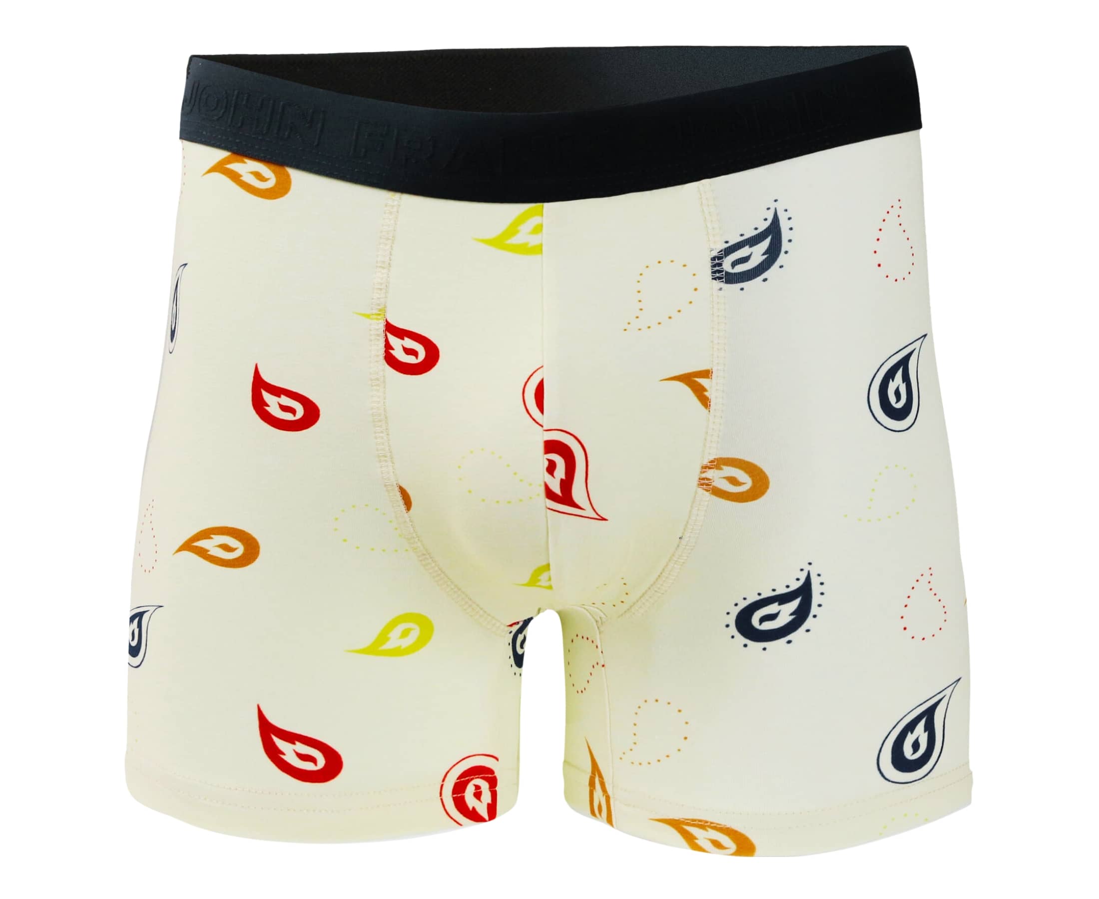 Front view of men’s 95% cotton boxer brief in cream with colorful paisley print, soft stretch, and no-roll waistband