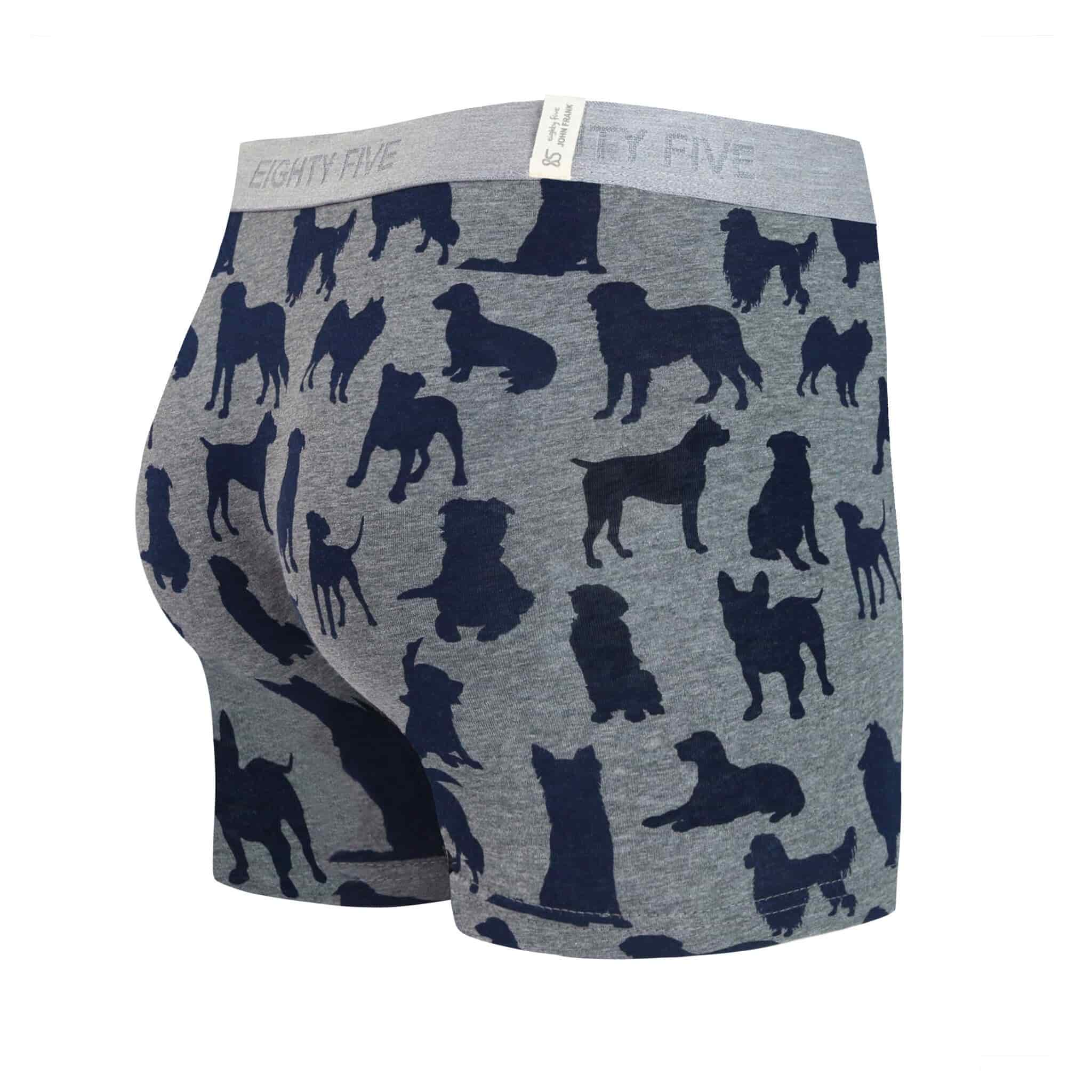 Back view of men’s 95% cotton boxer brief in gray with navy dog print, smooth waistband, and rear detail