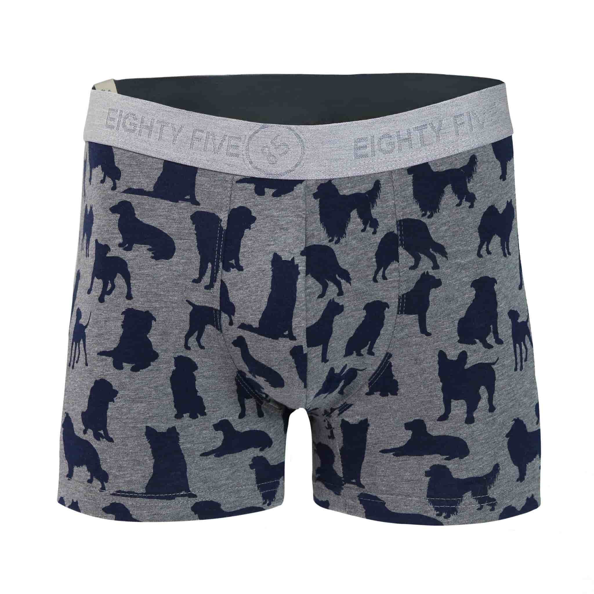 Front view of men’s 95% cotton boxer brief in gray with navy dog print, soft stretch, and no-roll waistband