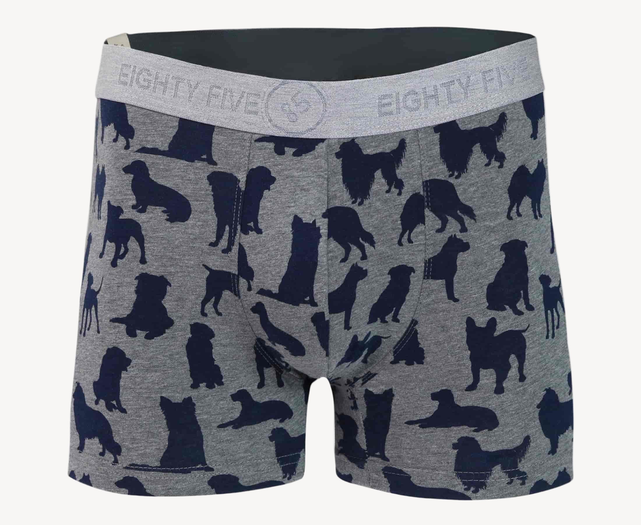 Front view of men’s 95% cotton boxer brief in gray with navy dog print, soft stretch, and no-roll waistband