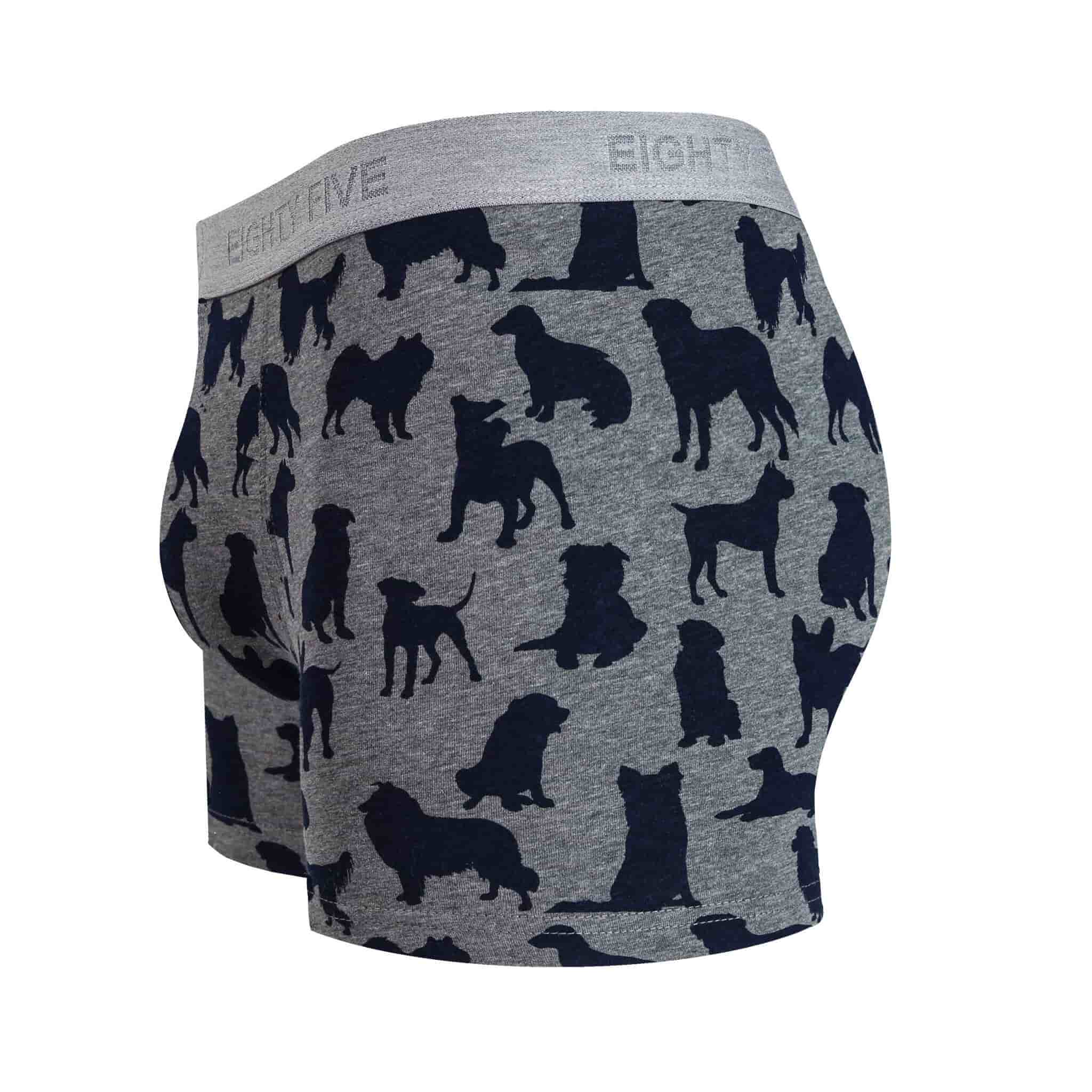 Side view of men’s 95% cotton boxer brief in gray with navy dog print, contoured pouch, and tailored leg cut