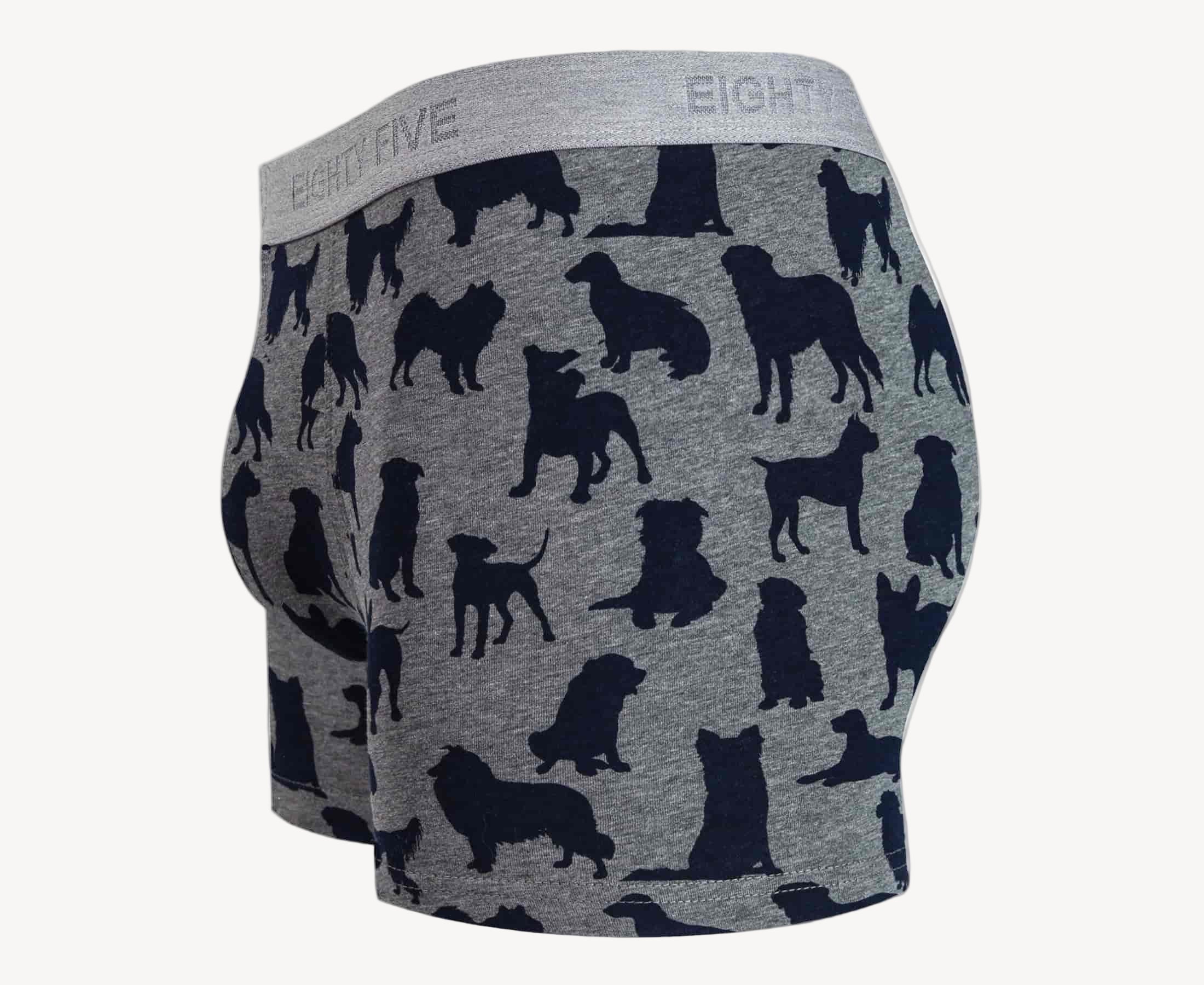 Side view of men’s 95% cotton boxer brief in gray with navy dog print, contoured pouch, and tailored leg cut