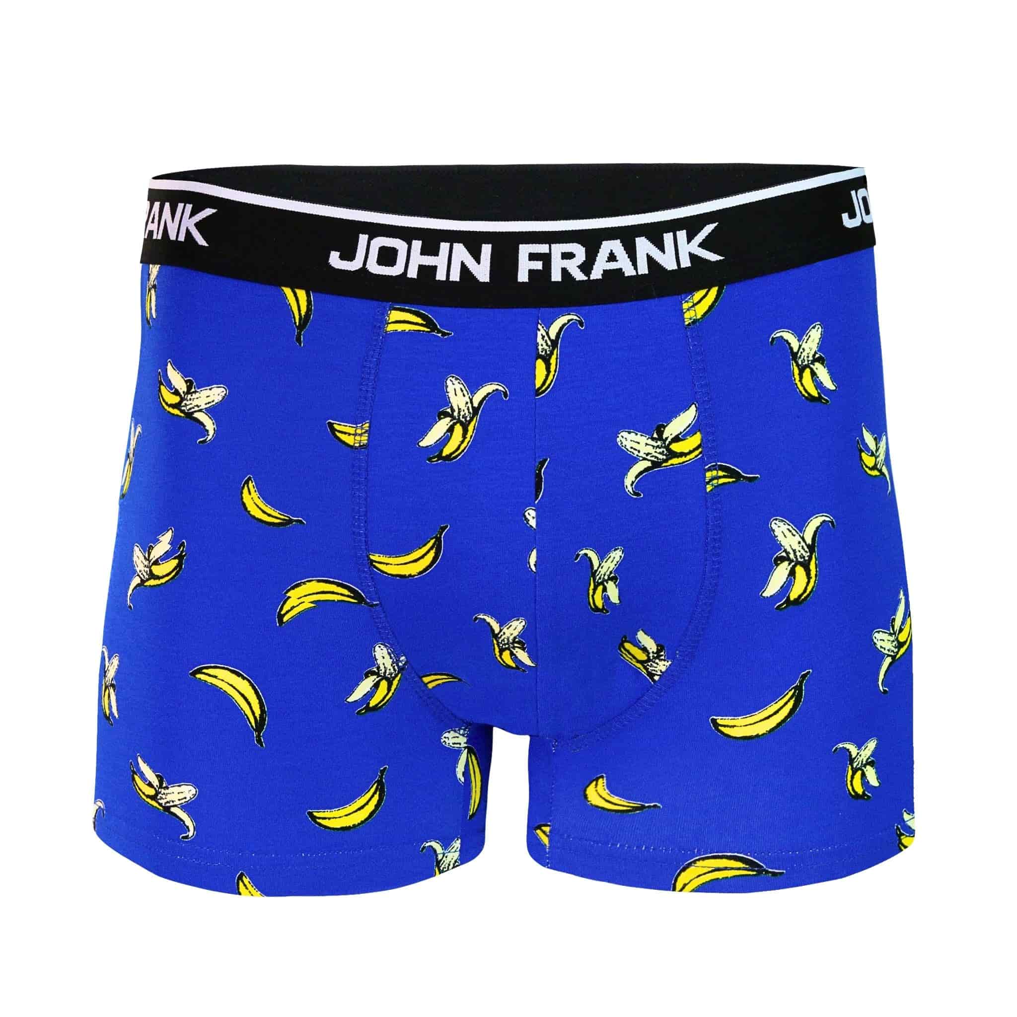 Front view of men’s 95% cotton boxer brief in sapphire blue with banana print, smooth waistband, and soft stretch fit