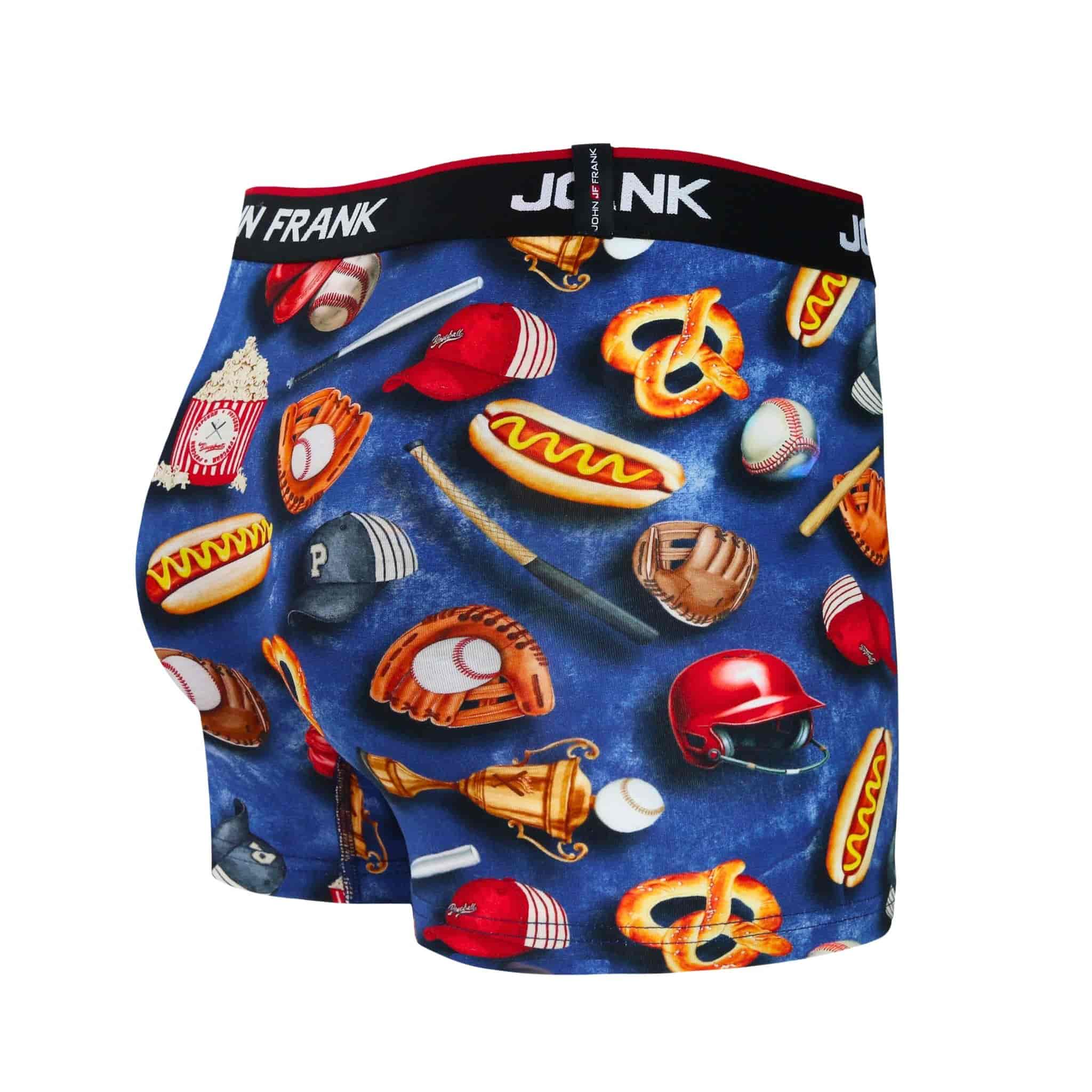 Back view of men’s 95% cotton boxer brief in multicolor baseball-inspired print with smooth waistband and rear detail