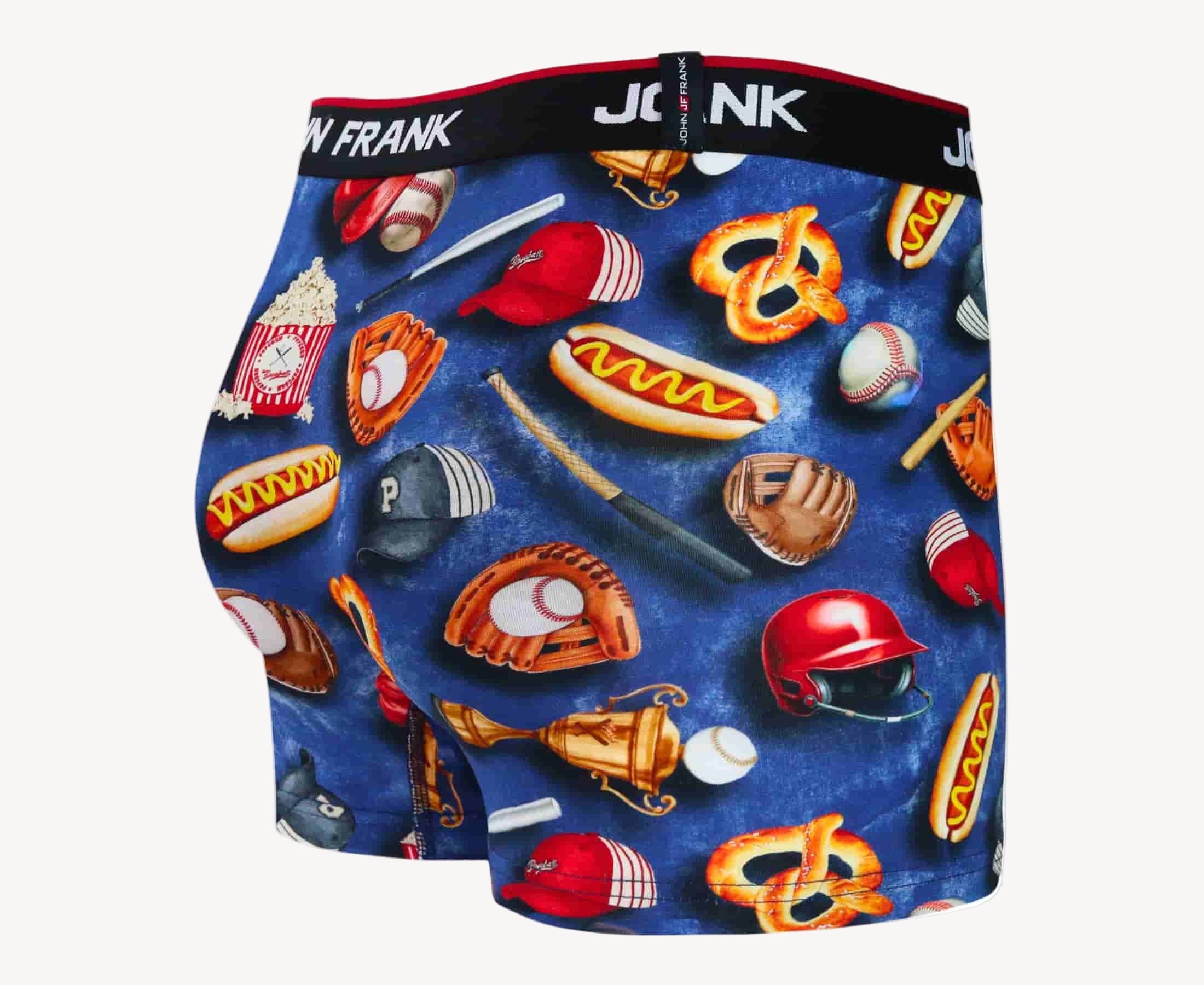 Back view of men’s 95% cotton boxer brief in multicolor baseball-inspired print with smooth waistband and rear detail