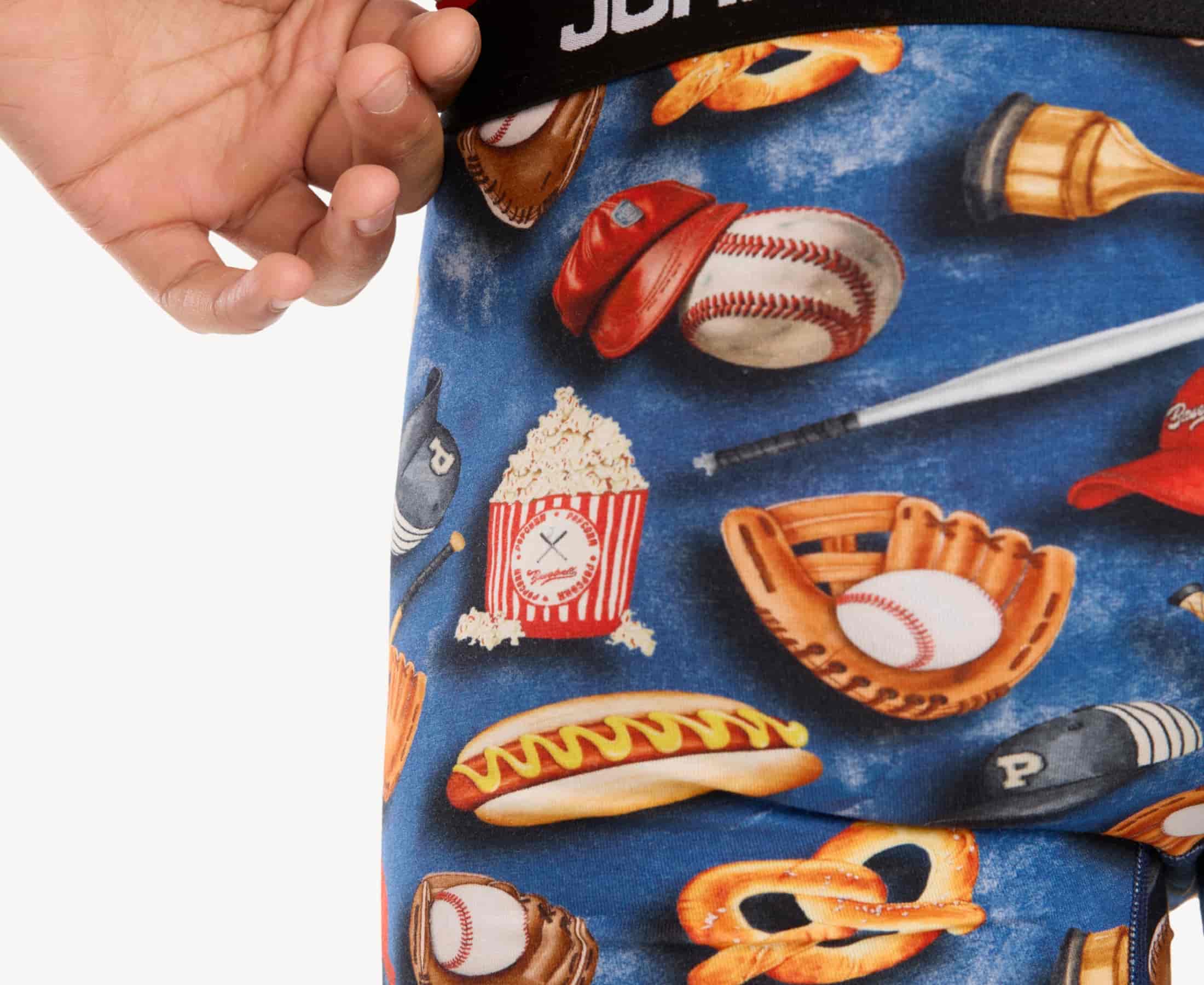 Close-up view of men’s 95% cotton boxer brief in baseball-inspired print. showcasing fabric detail