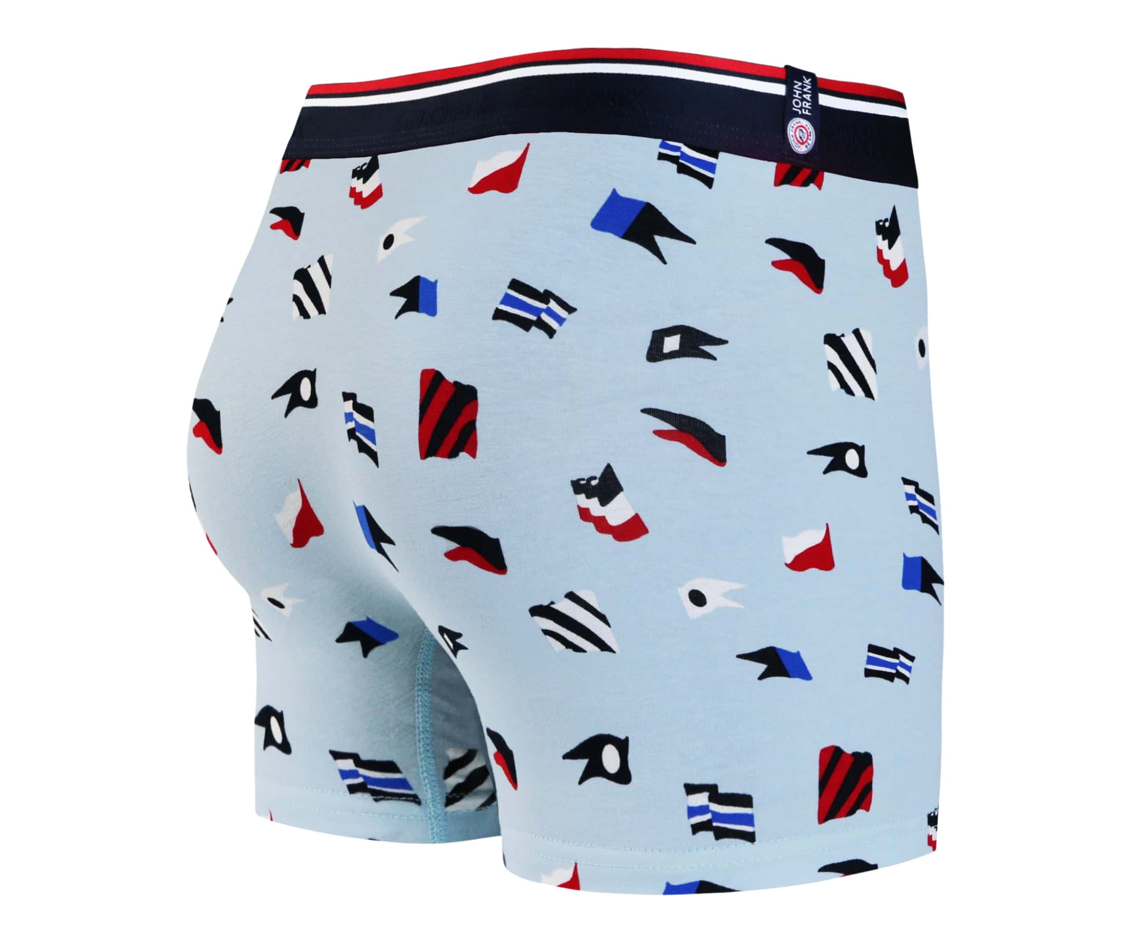 Back view of men’s 95% cotton boxer brief in light blue with naval flag print, smooth waistband, and rear detail