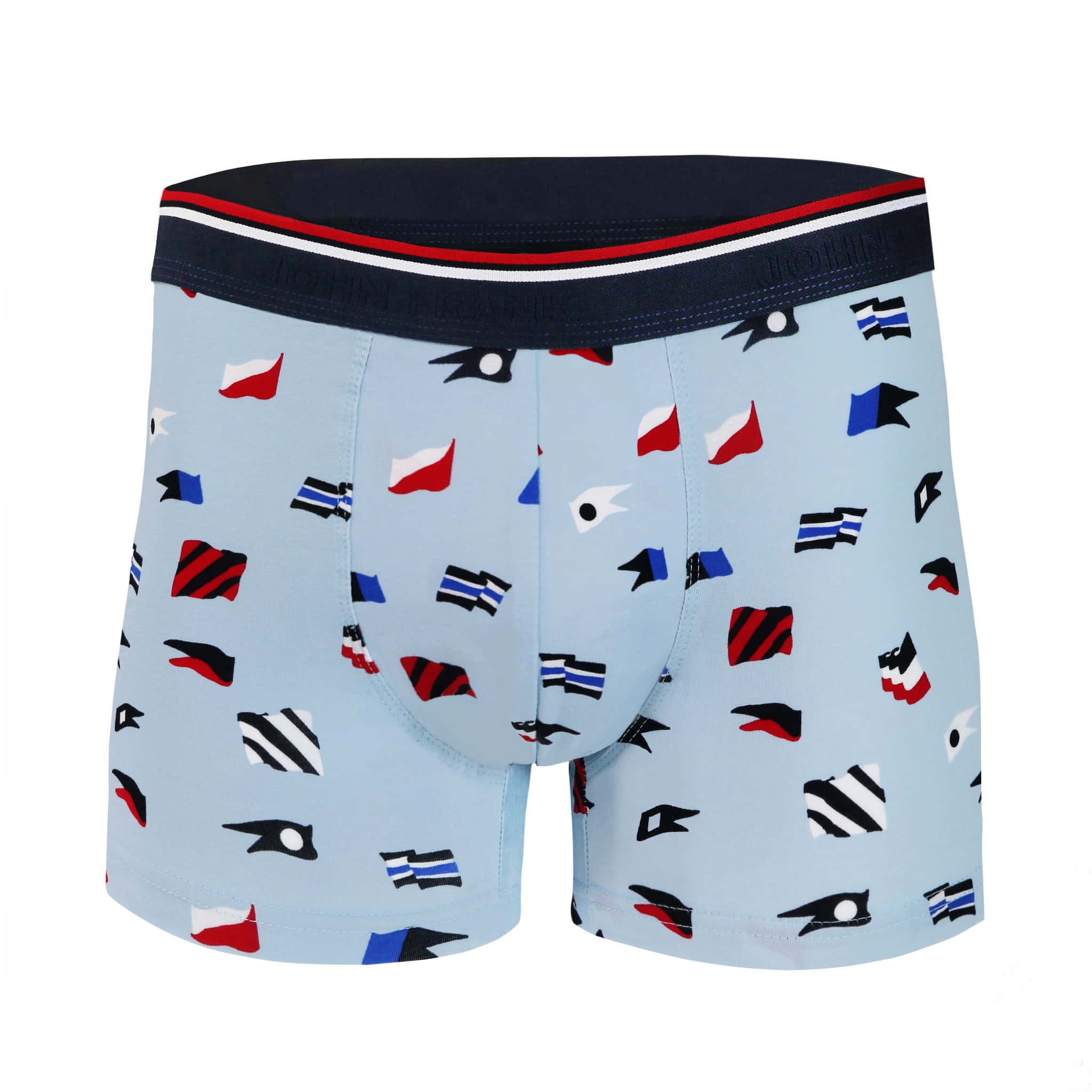 Front view of men’s 95% cotton boxer brief in light blue with naval flag print, soft stretch, and no-roll waistband
