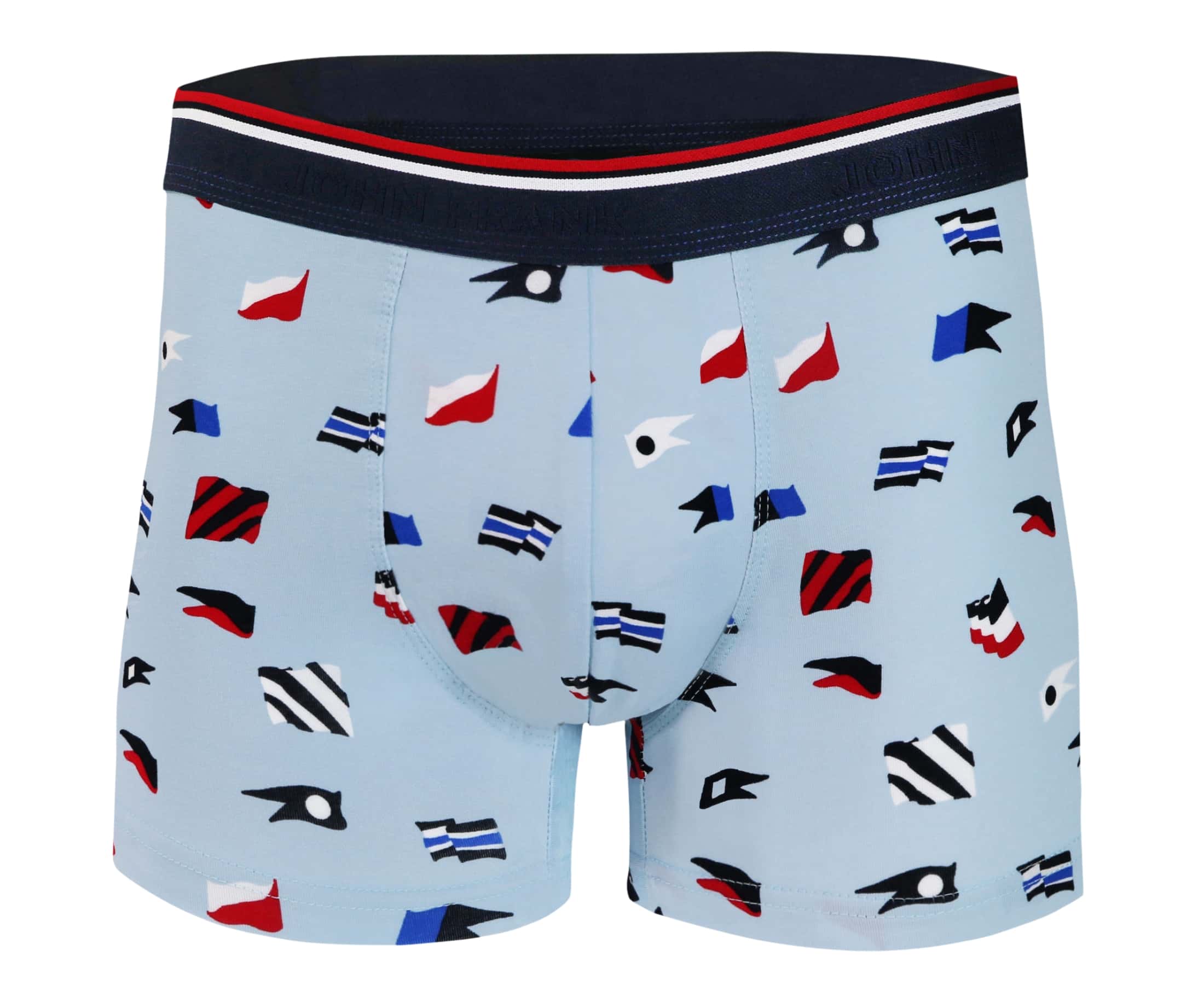 Front view of men’s 95% cotton boxer brief in light blue with naval flag print, soft stretch, and no-roll waistband