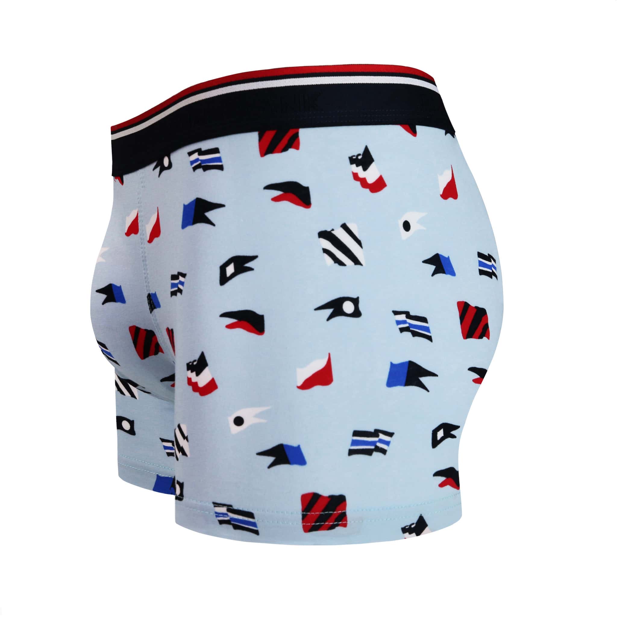 Side view of men’s 95% cotton boxer brief in light blue with naval flag print, contoured pouch, and tailored leg cut