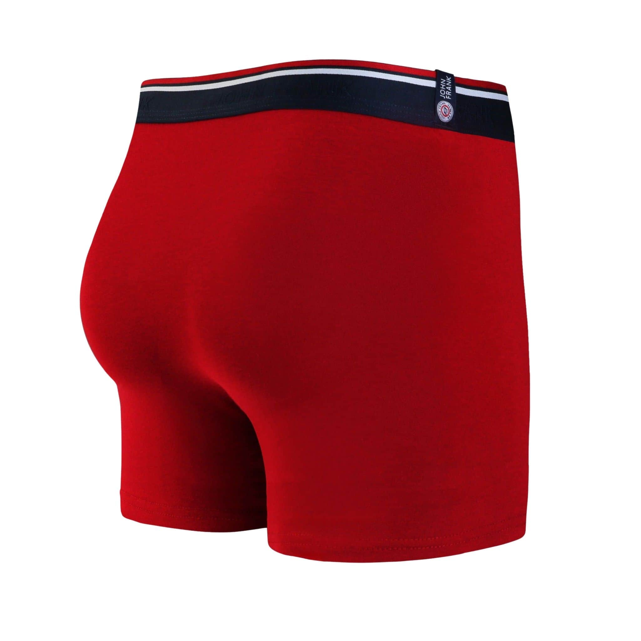 Back view of men’s 95% cotton boxer brief in red solid with smooth and striped waistband and rear detail