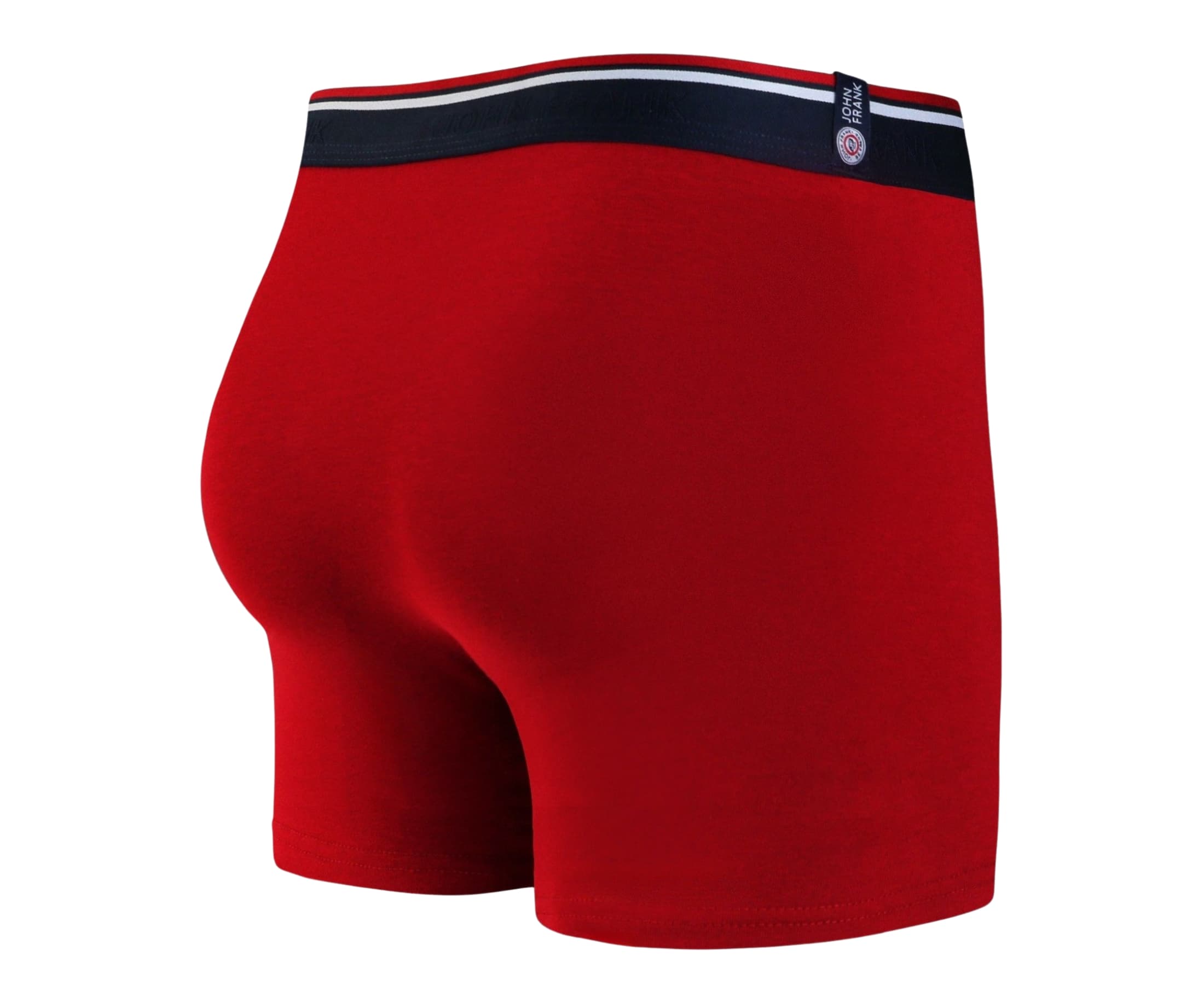Back view of men’s 95% cotton boxer brief in red solid with smooth and striped waistband and rear detail