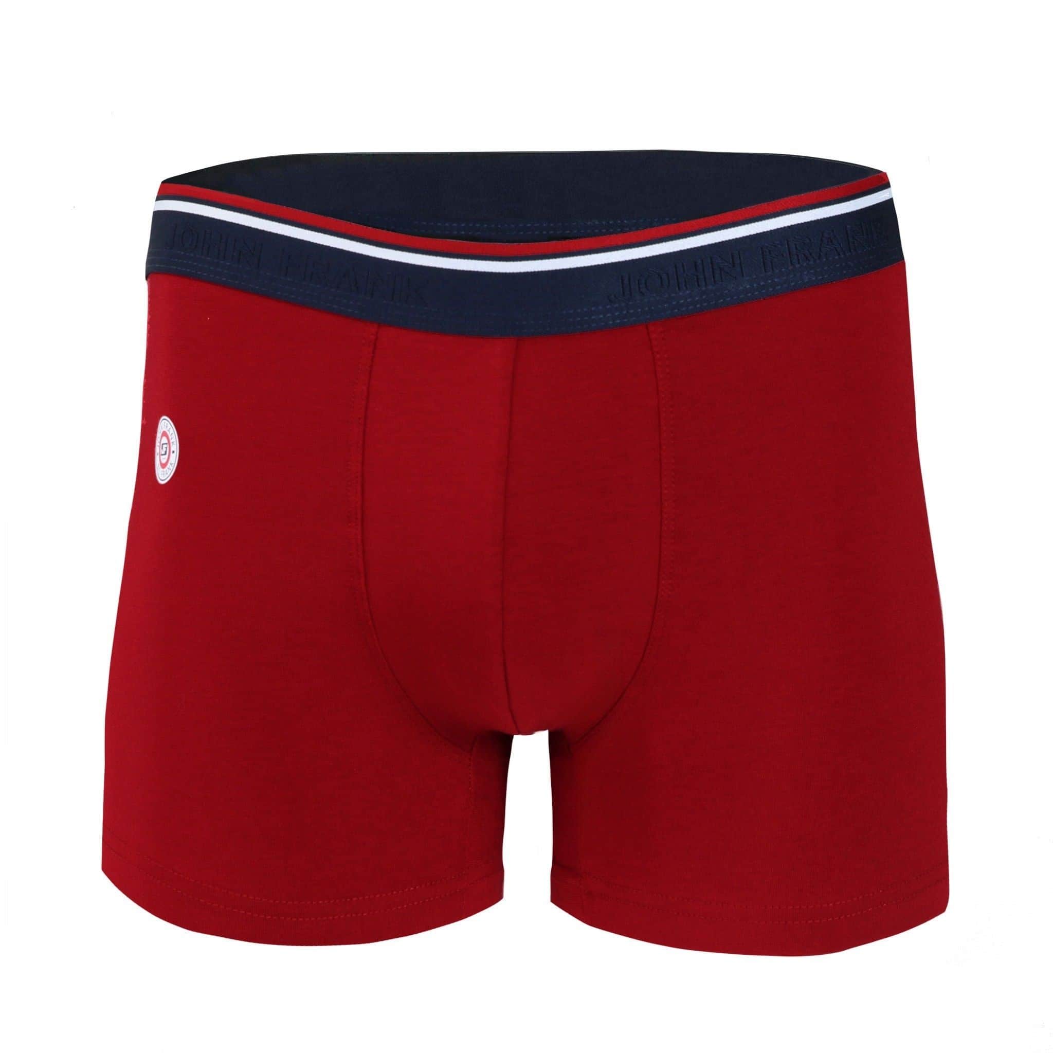 Front view of men’s 95% cotton boxer brief in red with navy and white striped waistband and soft stretch
