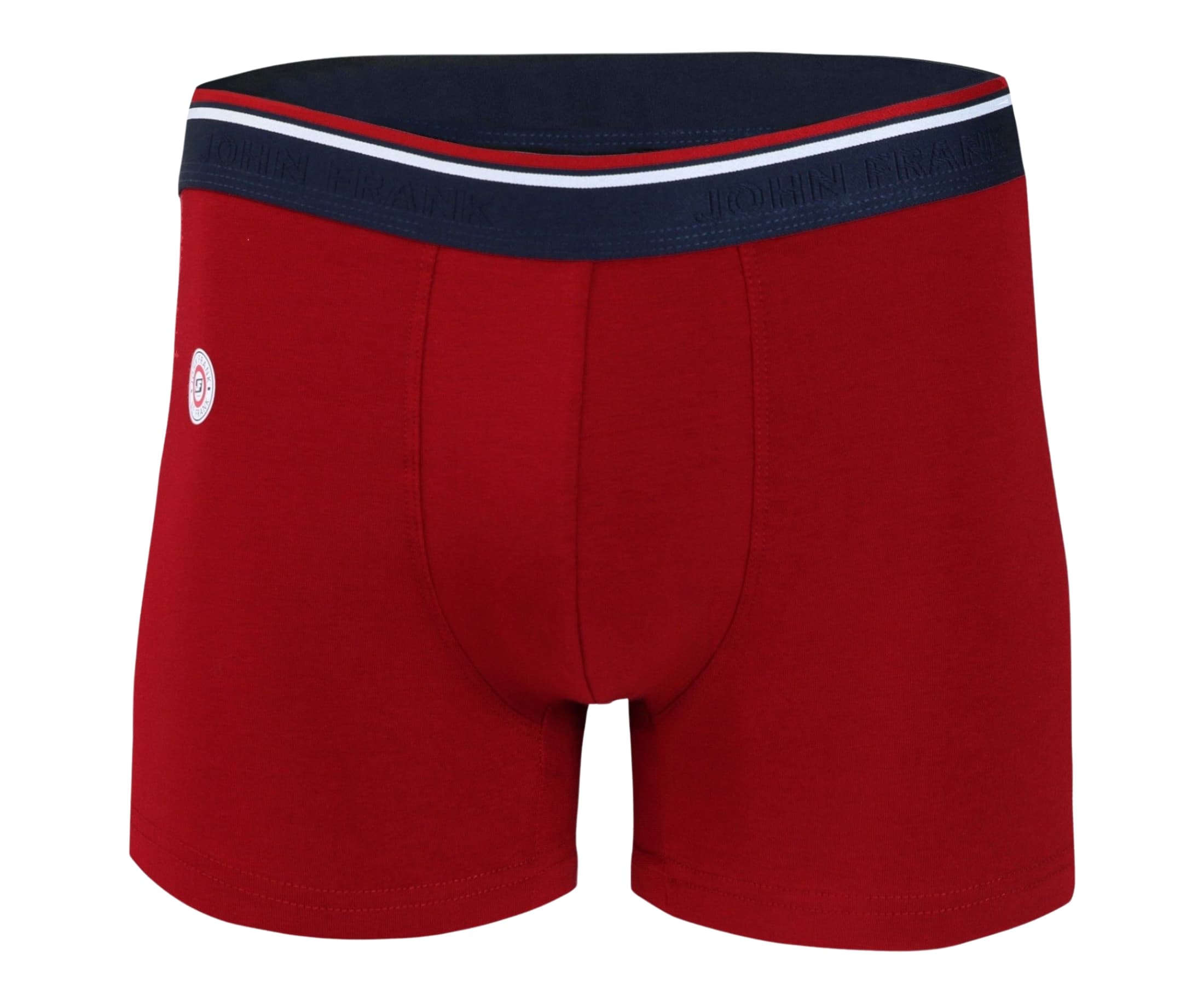 Front view of men’s 95% cotton boxer brief in red with navy and white striped waistband and soft stretch