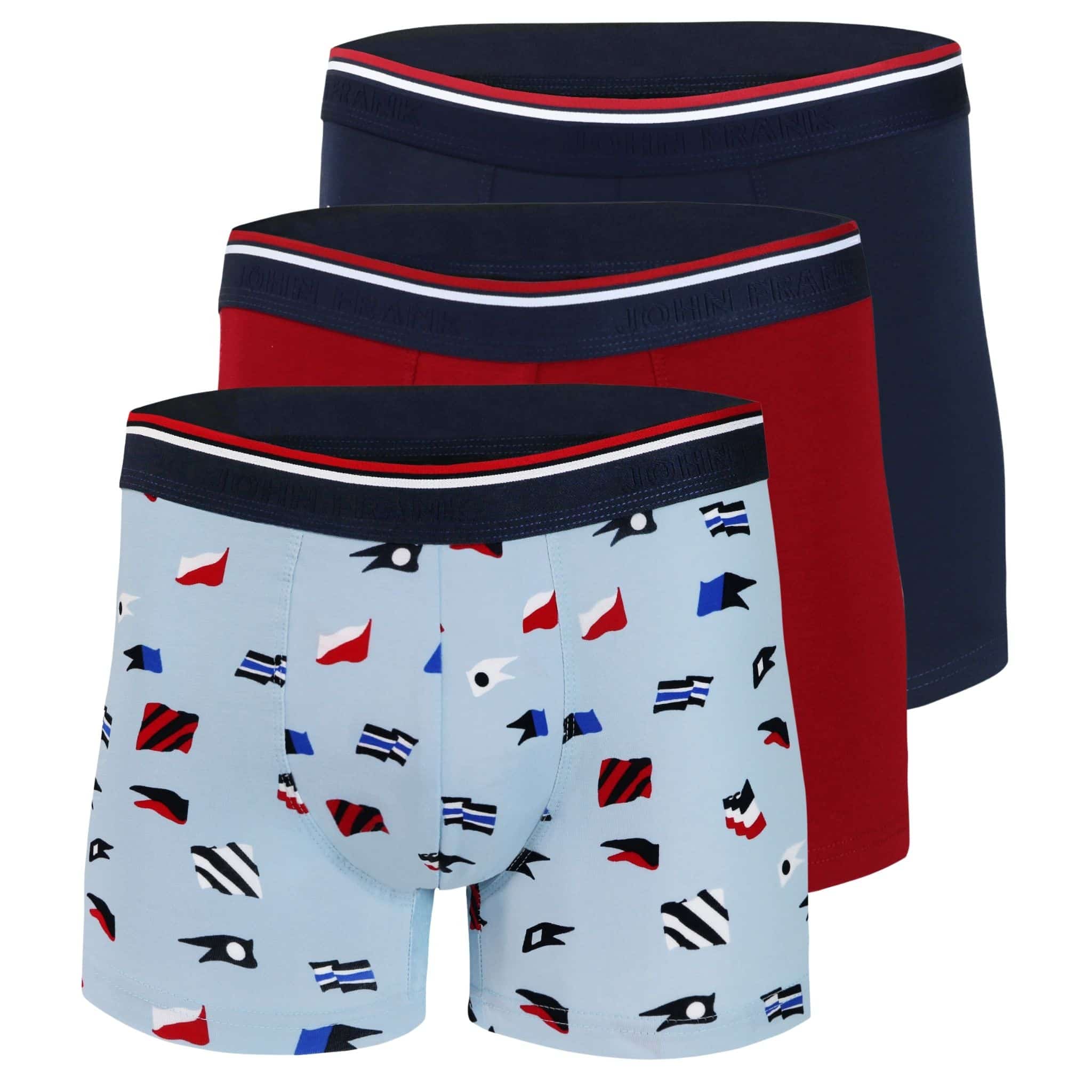 Full pack view of men’s 95% cotton boxer brief 3-pack — one light blue with naval flag print, one red solid with striped waistband, one navy solid with striped waistband