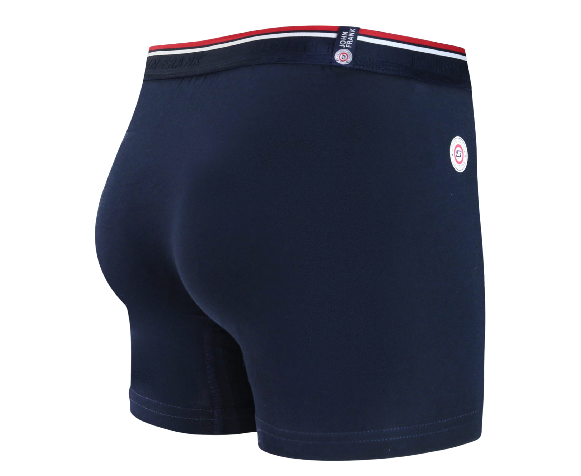 Back view of men’s 95% cotton boxer brief in navy with striped and smooth waistband and rear detail