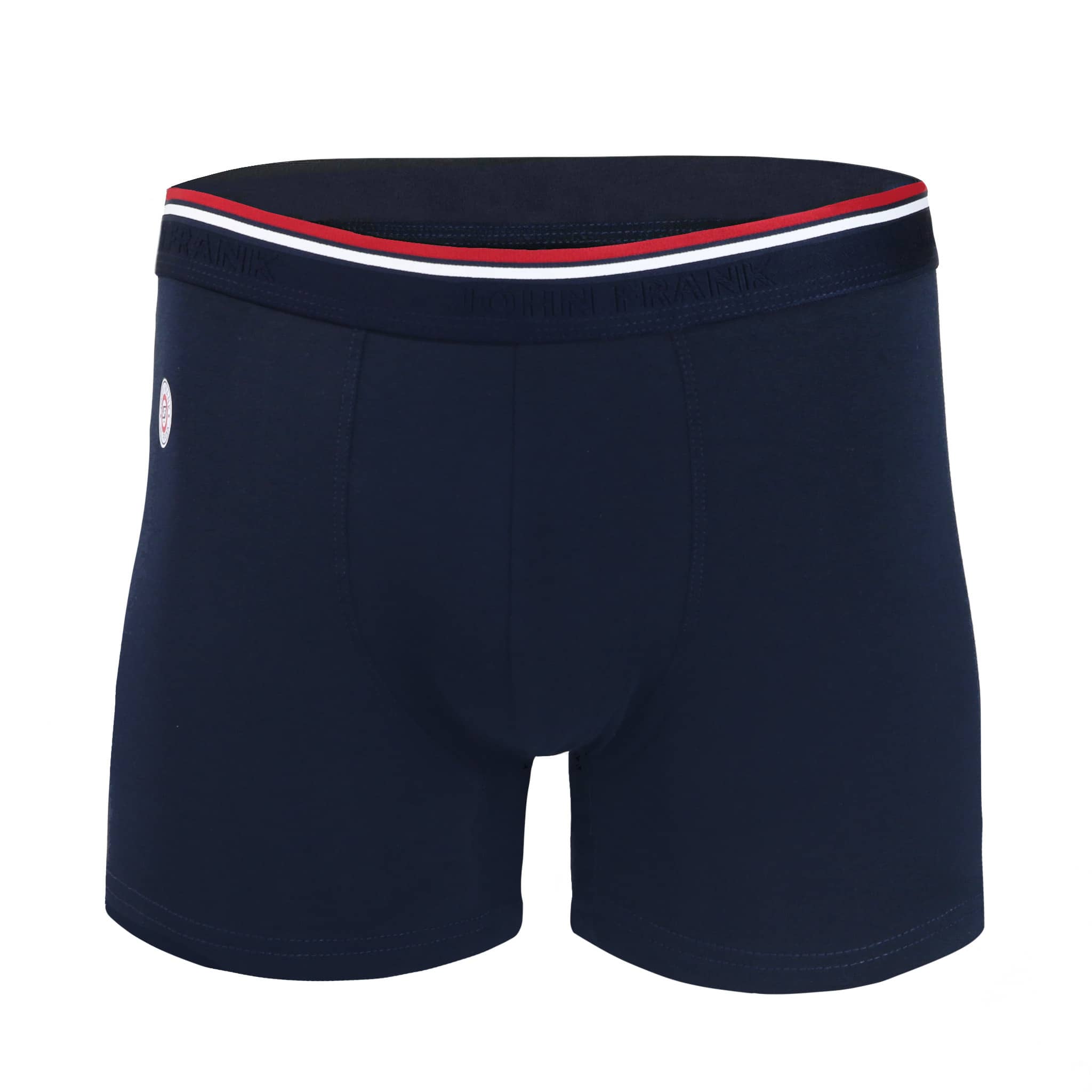 Front view of men’s 95% cotton boxer brief in navy solid with crimson red and white striped waistband and soft stretch