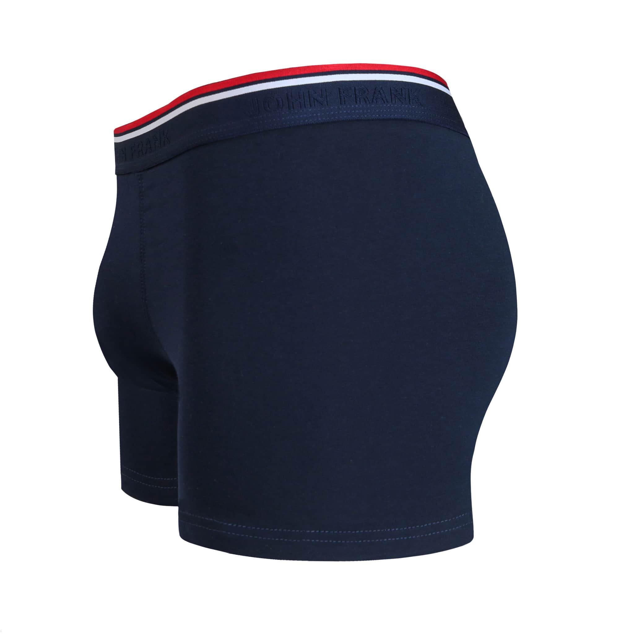 Side view of men’s 95% cotton boxer brief in navy solid with striped waistband, contoured pouch, and tailored leg cut