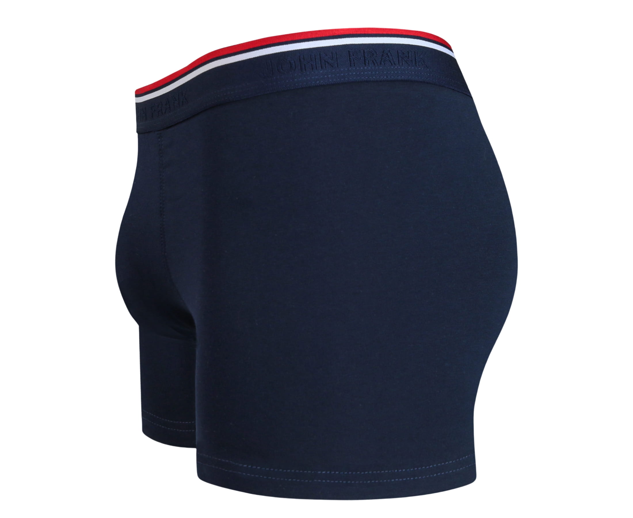 Side view of men’s 95% cotton boxer brief in navy solid with striped waistband, contoured pouch, and tailored leg cut