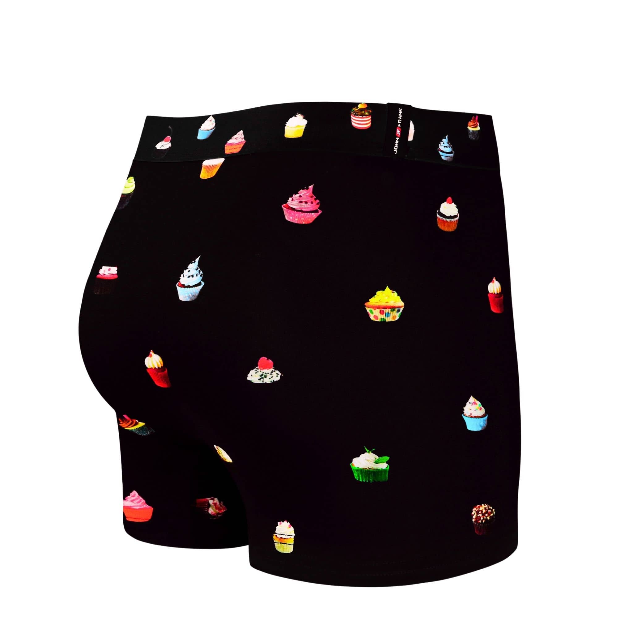 Back view of men’s 95% micromodal boxer brief in navy with cupcake print, smooth waistband and rear detail