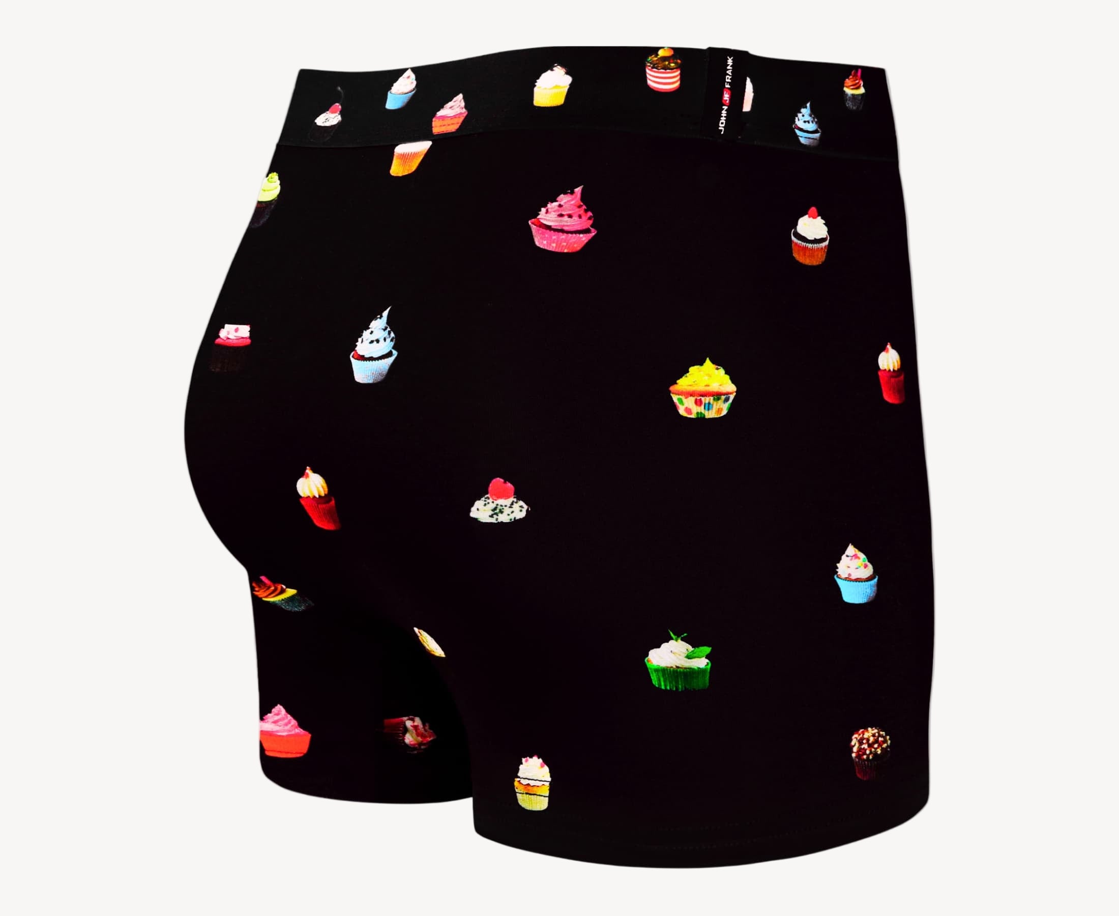 Back view of men’s 95% micromodal boxer brief in navy with cupcake print, smooth waistband and rear detail