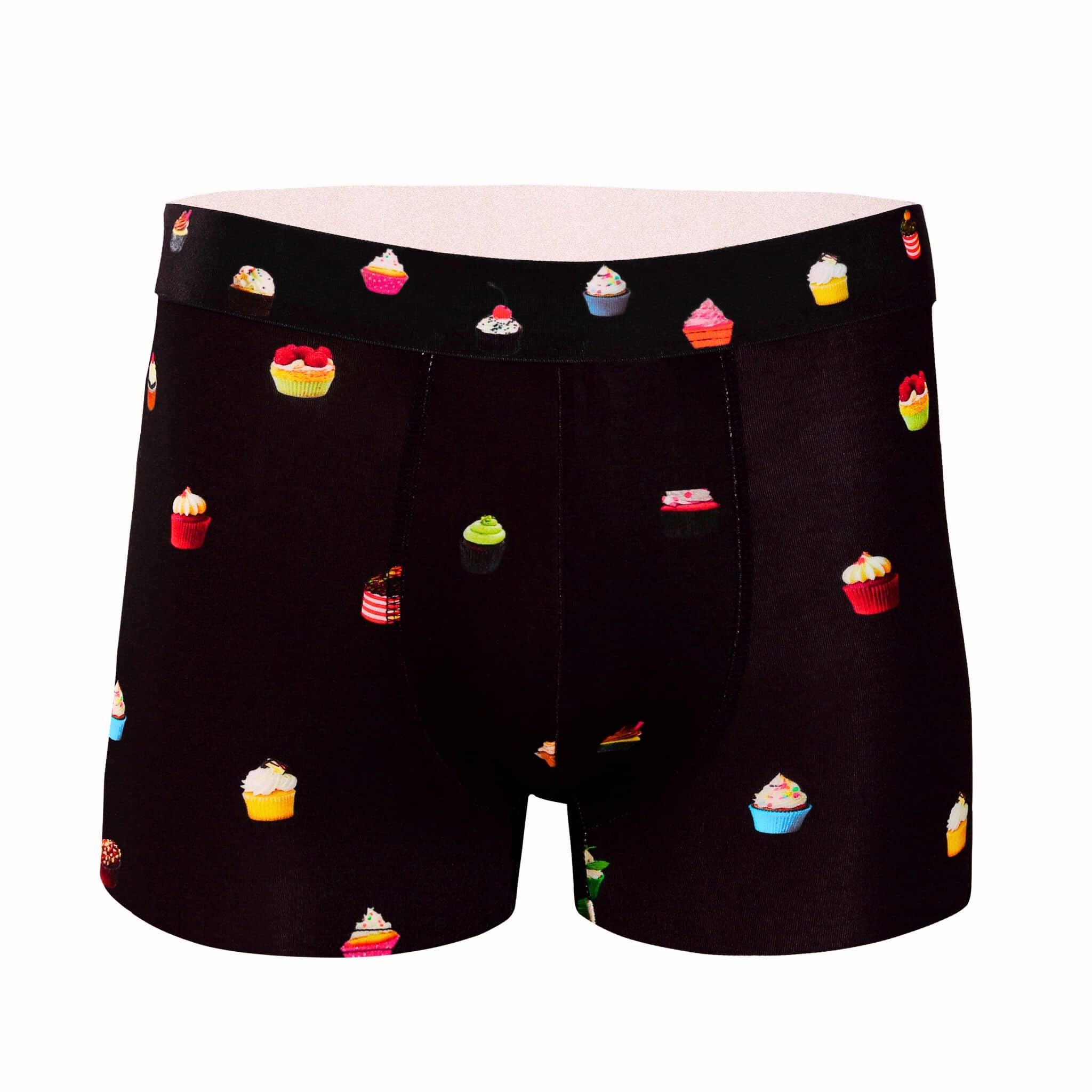 Front view of men’s 95% micromodal boxer brief in navy with cupcake print, soft stretch and no-roll waistband