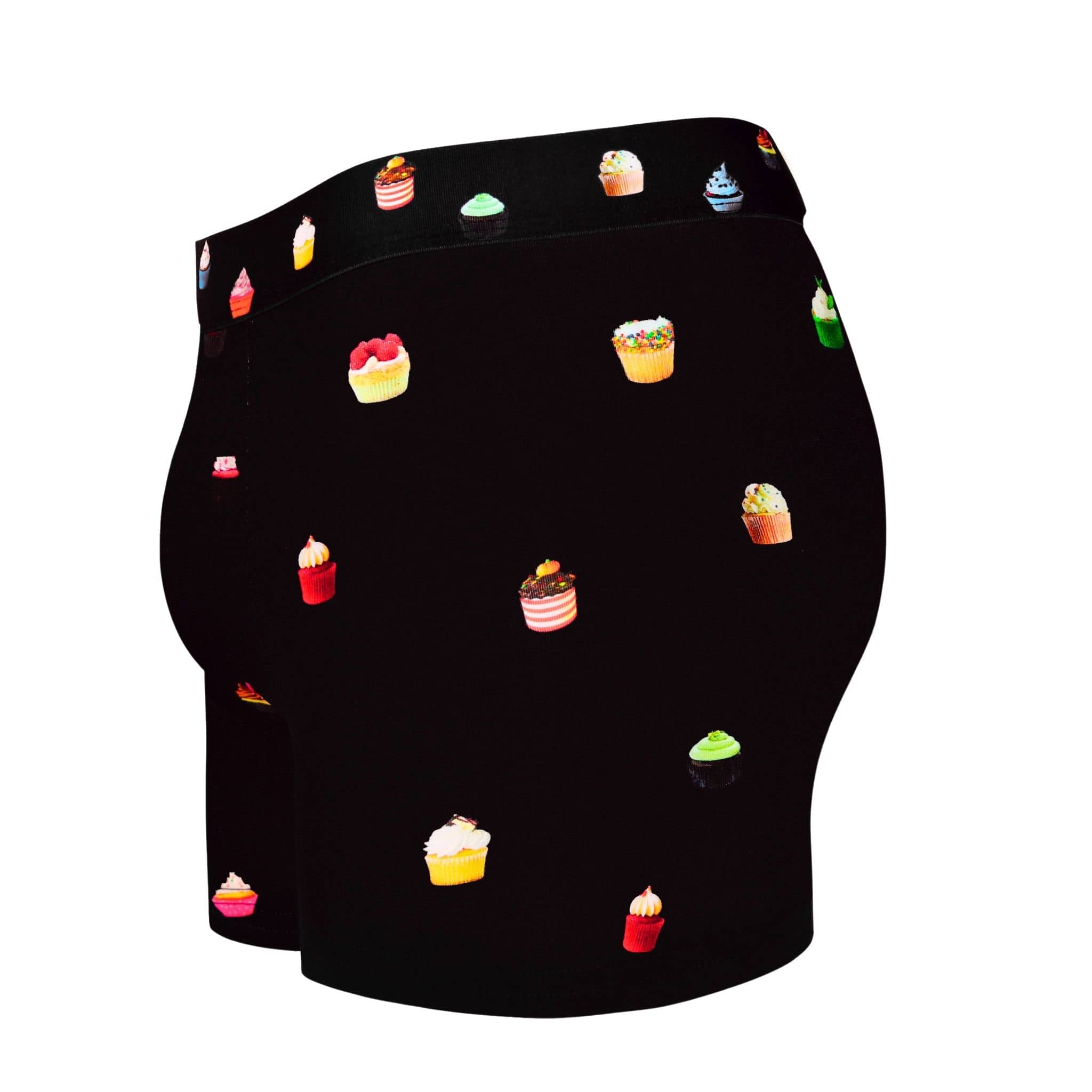 Side view of men’s 95% micromodal boxer brief in navy with cupcake print, contoured pouch and tailored leg cut