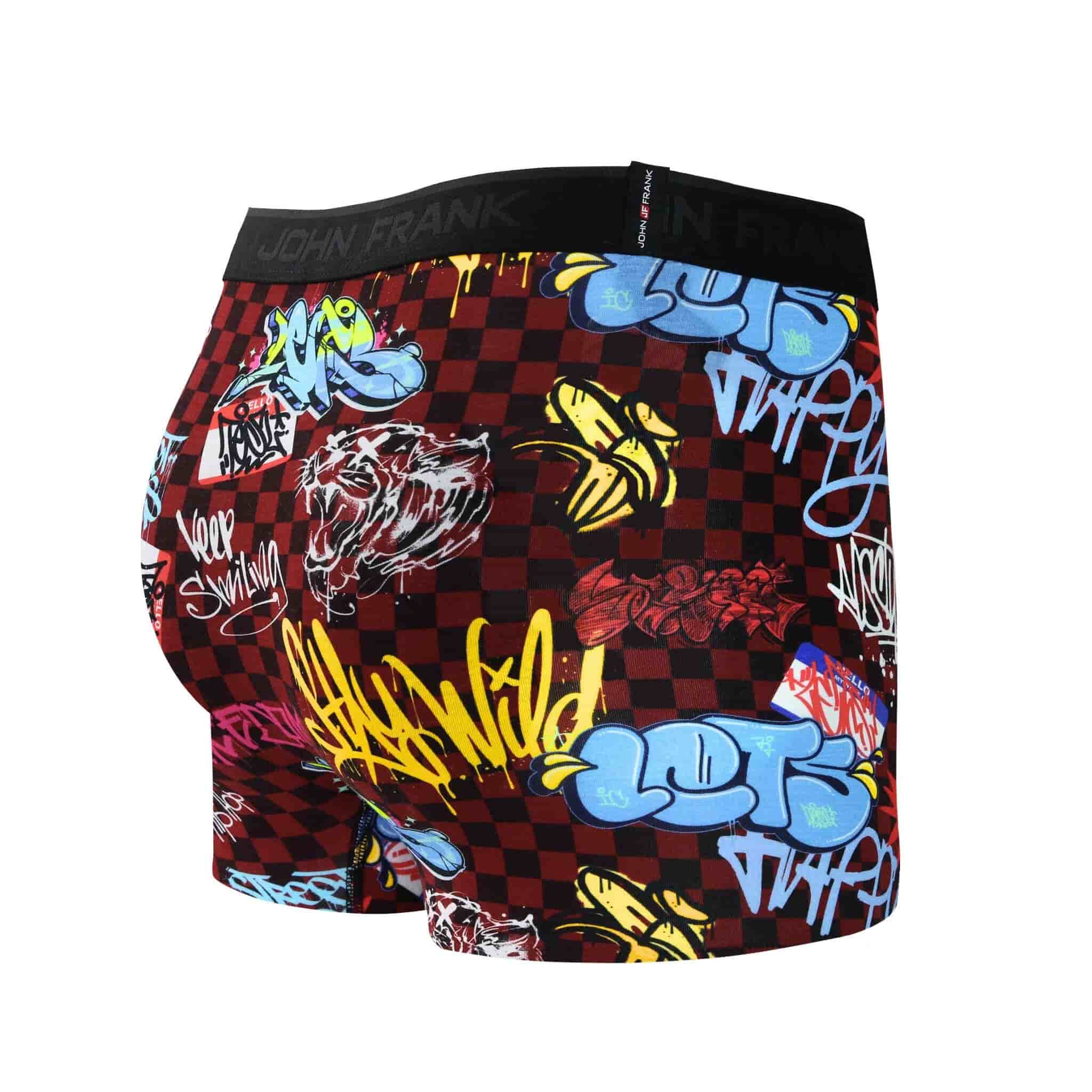 Back view of men’s 95% micromodal boxer brief in burgundy with graffiti-inspired print, smooth waistband and rear detail
