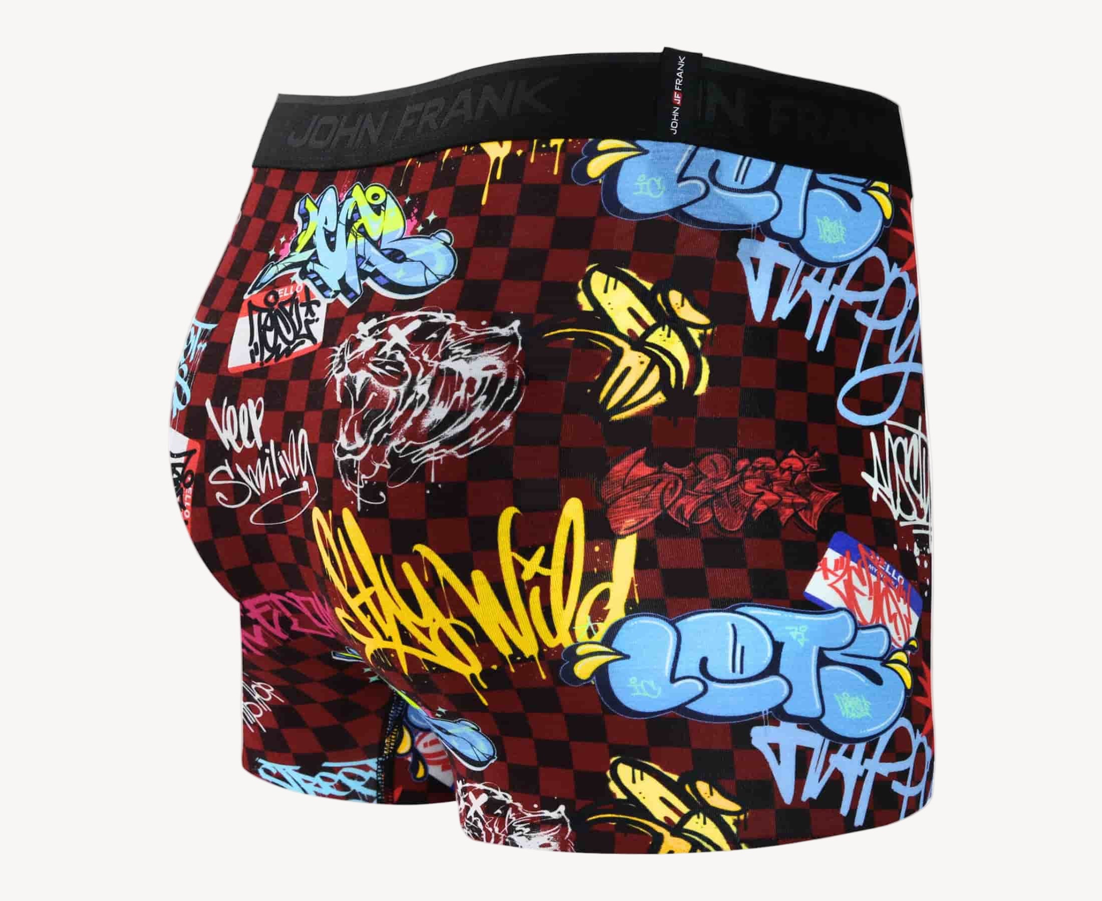 Back view of men’s 95% micromodal boxer brief in burgundy with graffiti-inspired print, smooth waistband and rear detail