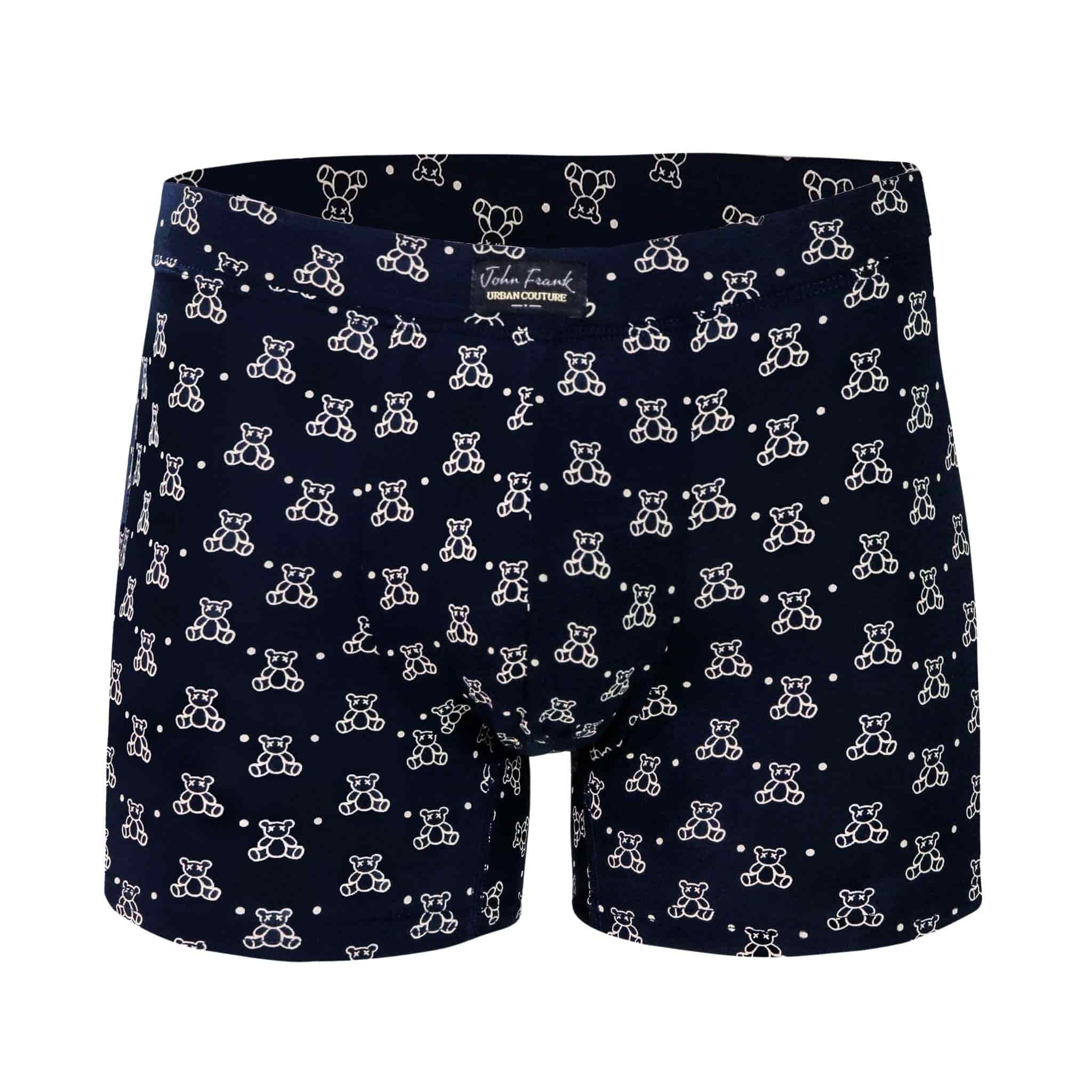 Front view of men’s 95% micromodal boxer brief in navy with teddy bear print, soft stretch and fabric-covered waistband