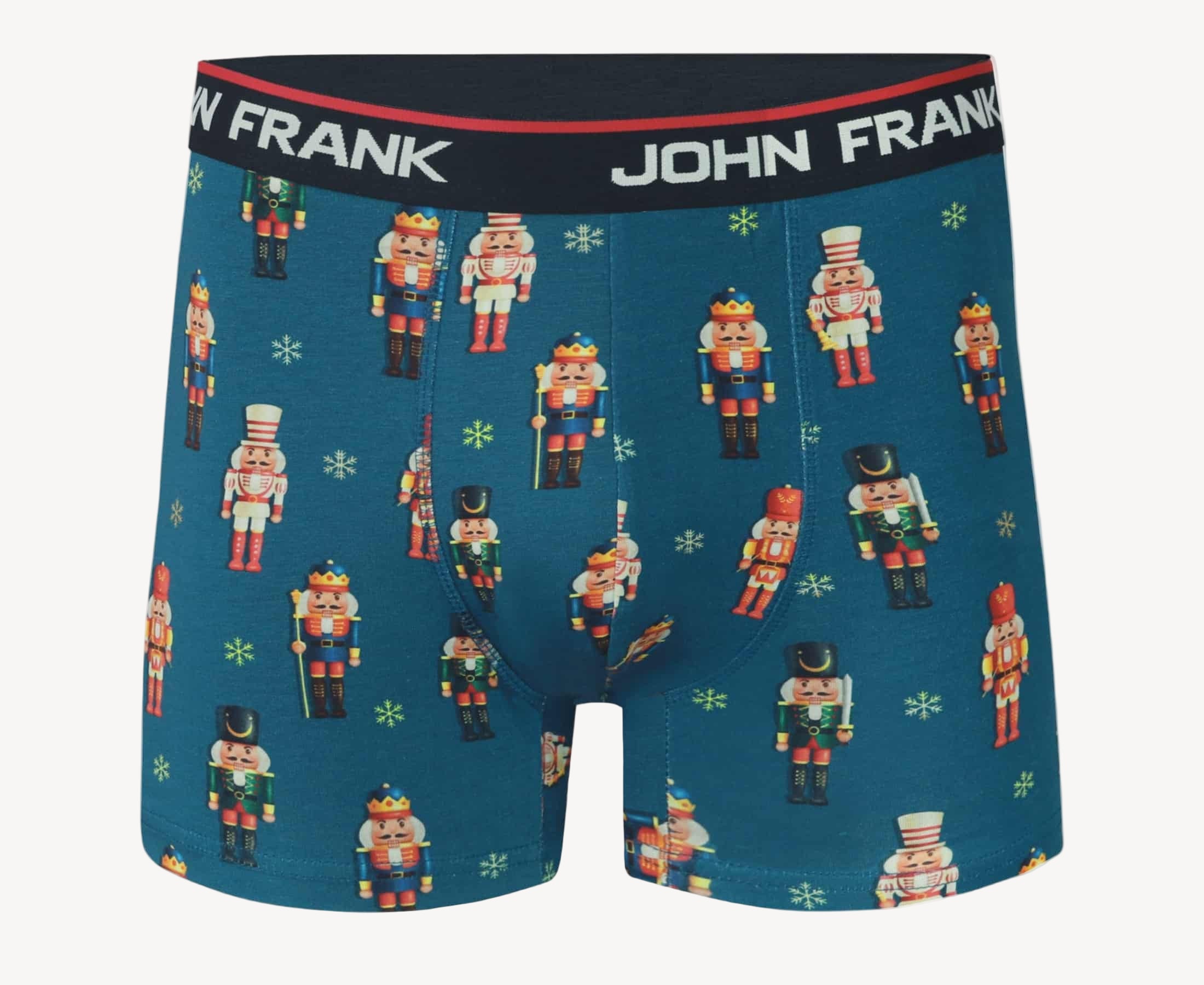 Front view of men’s 95% cotton boxer brief in teal with colorful nutcrackers print, soft stretch, and no-roll waistband