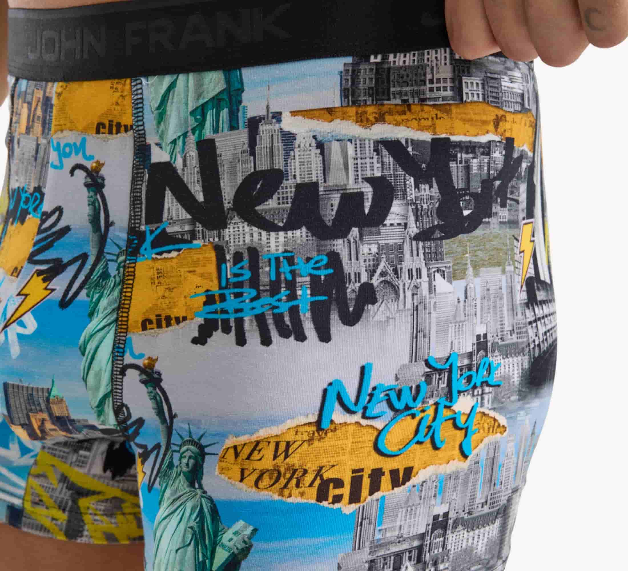Close-up view of men’s 95% cotton boxer brief in multicolor NYC-inspired print, showcasing print detail