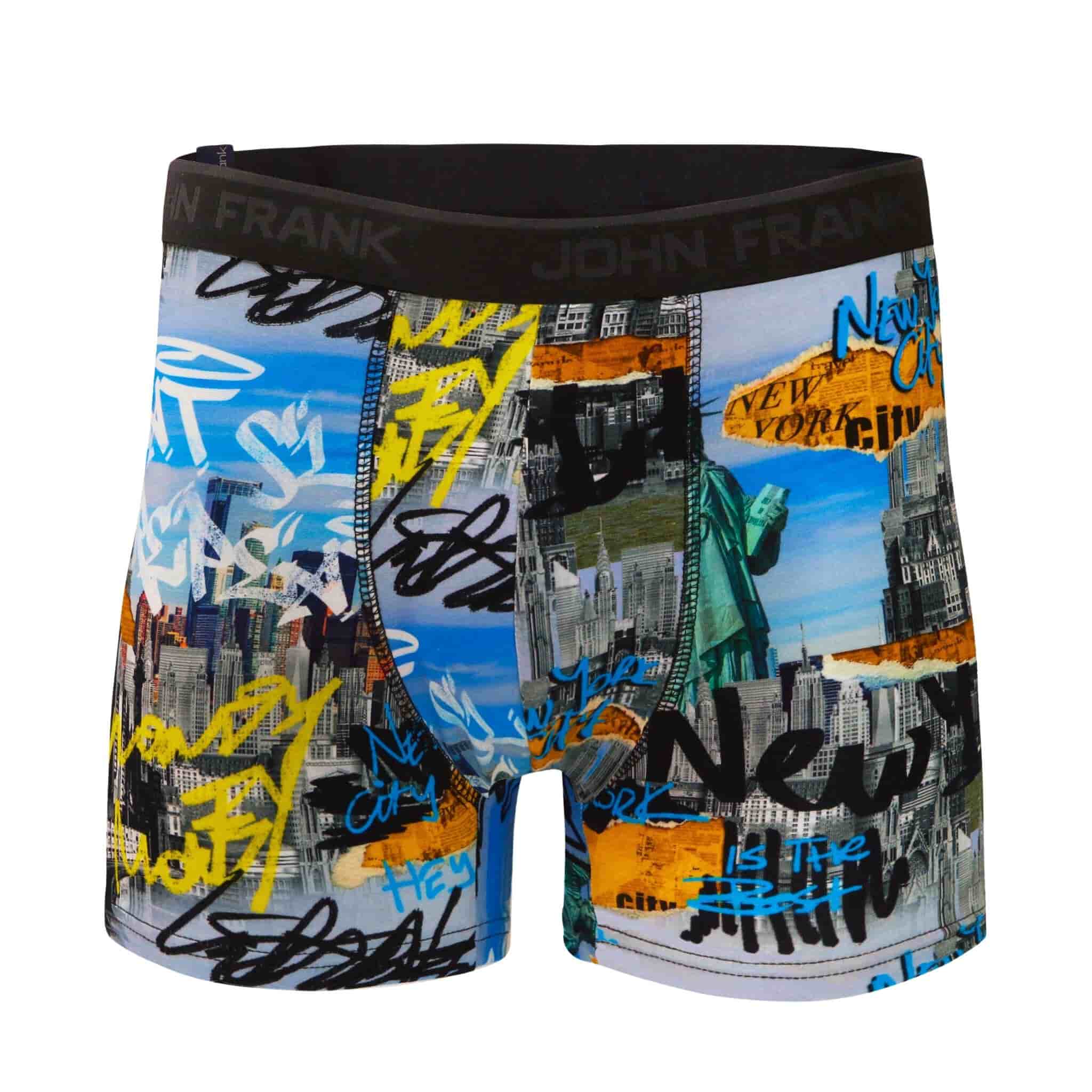 Front view of men’s 95% cotton boxer brief in multicolor NYC-inspired print with soft stretch and no-roll waistband