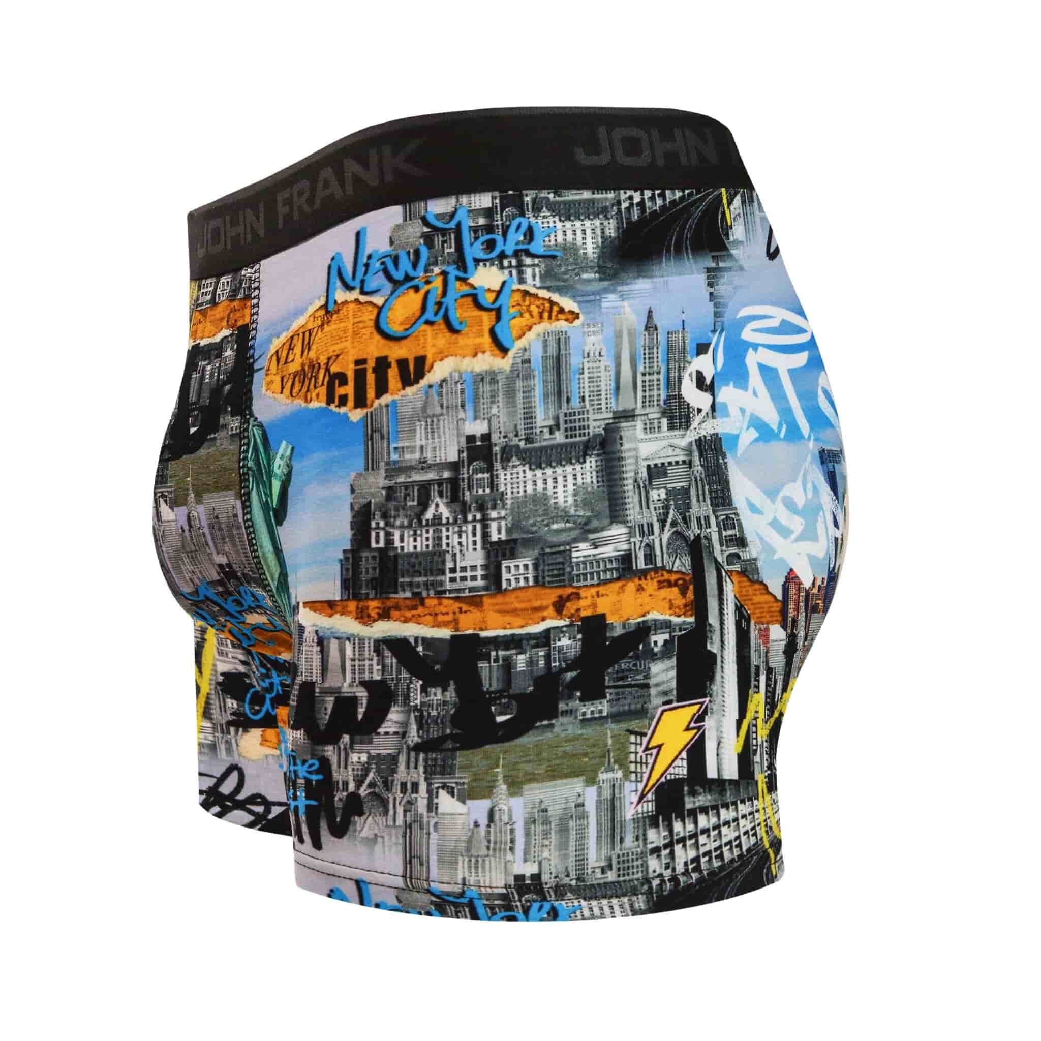 Side view of men’s 95% cotton boxer brief in multicolor NYC-inspired print with contoured pouch and tailored leg cut