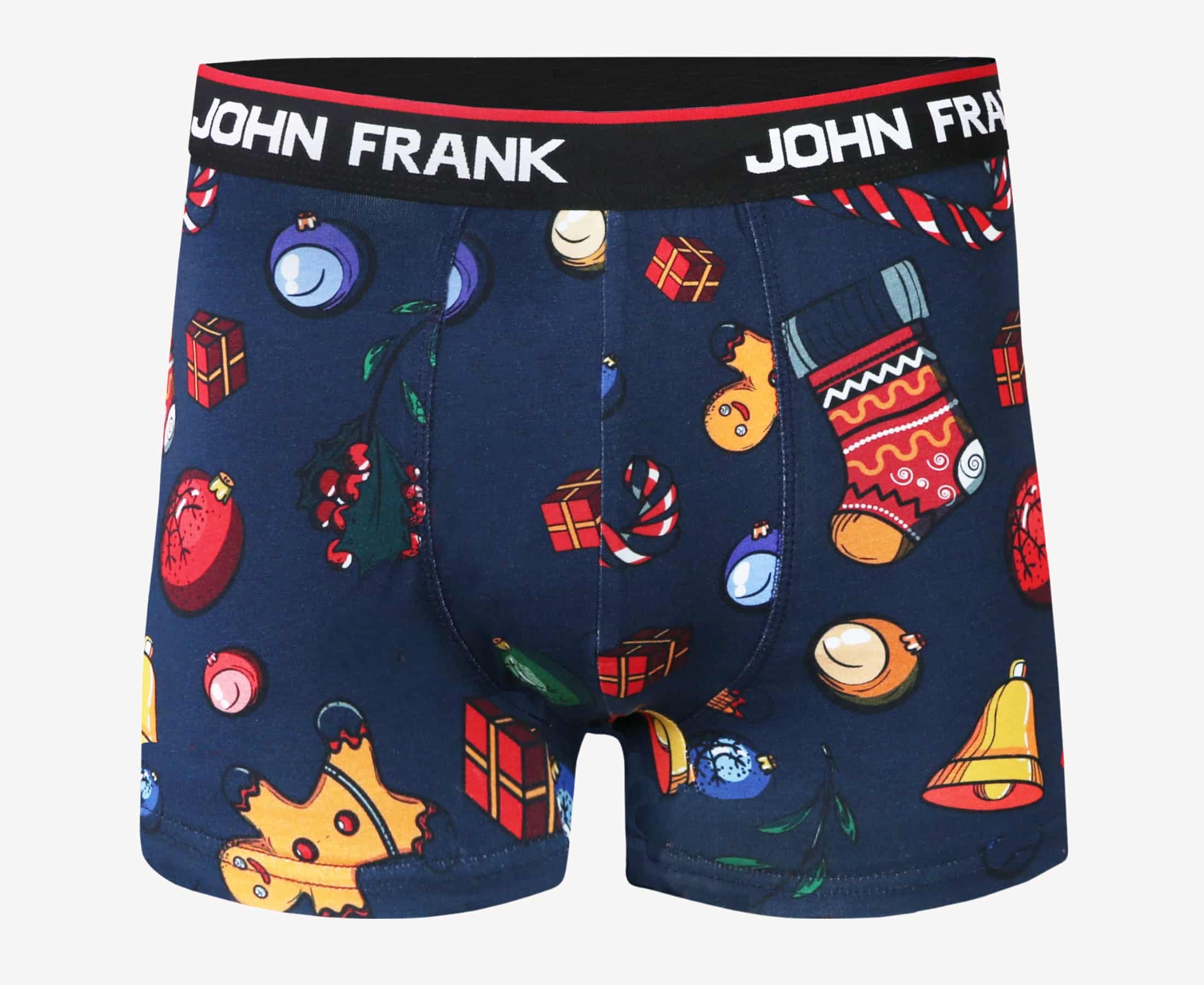 Front view of men’s 95% cotton boxer brief in navy with colorful ornaments print, soft stretch, and no-roll waistband