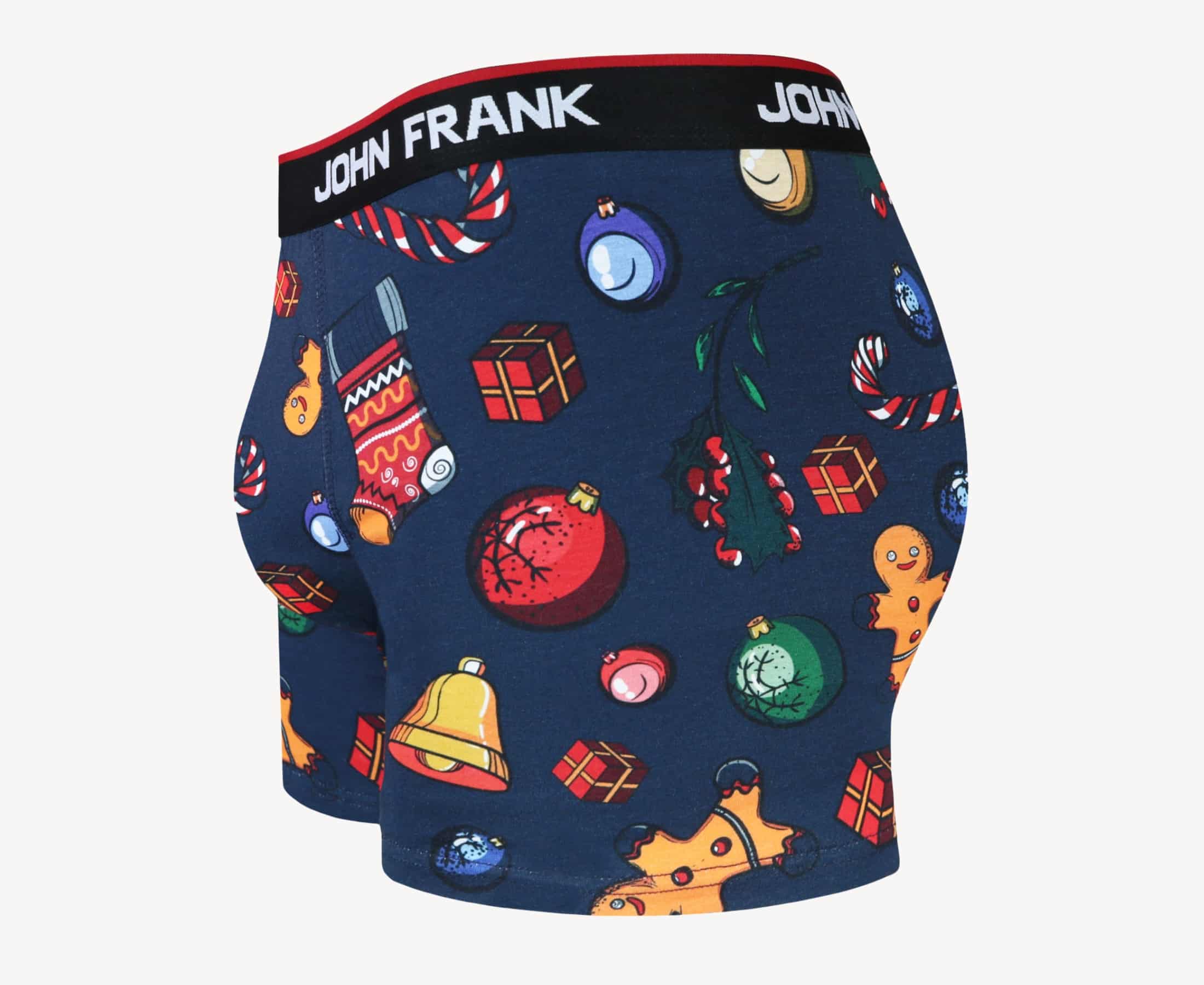 Side view of men’s 95% cotton boxer brief in navy with colorful ornaments print, contoured pouch, and tailored leg cut