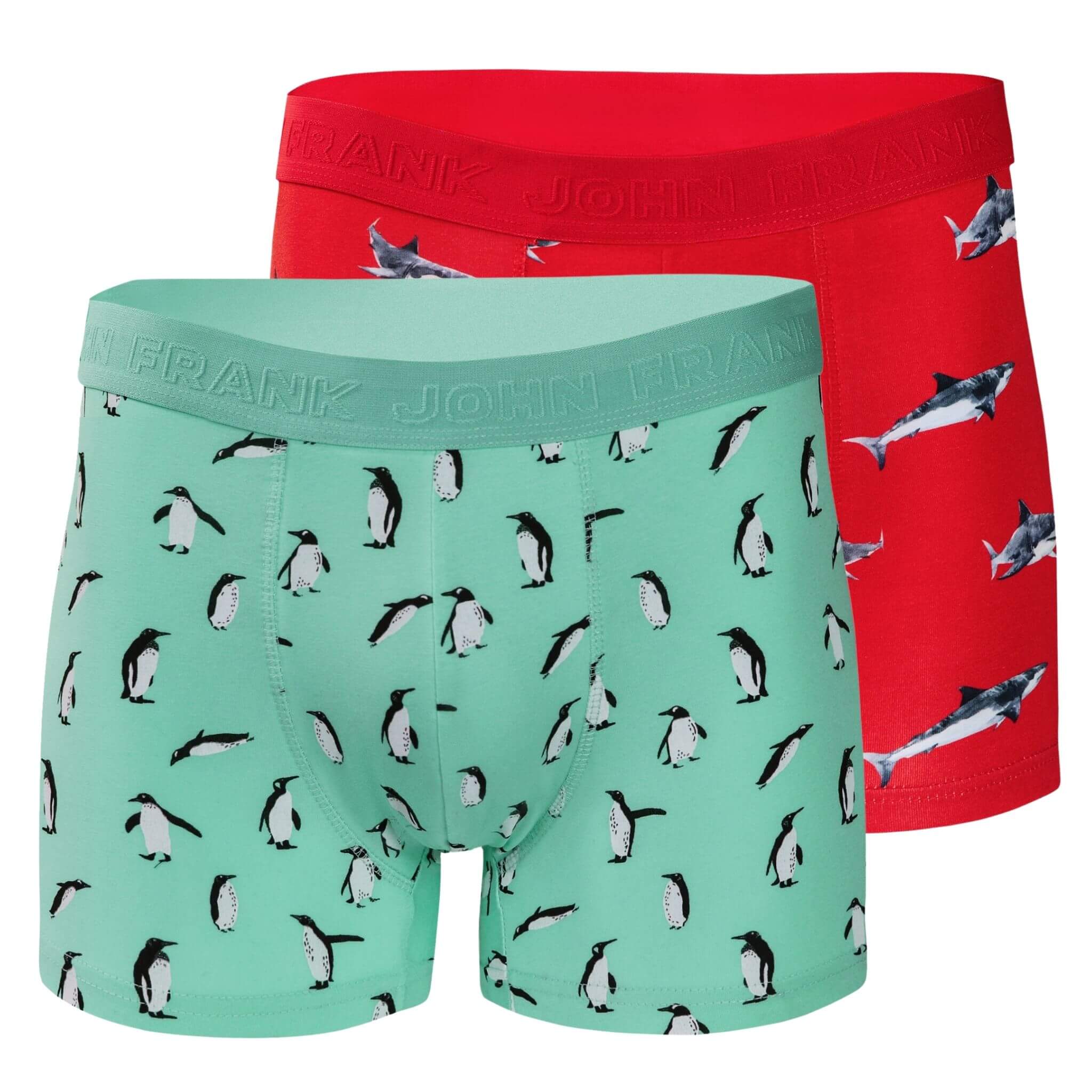 Full pack view of men’s 95% cotton boxer brief 2-pack — one turquoise with penguins, one coral with sharks