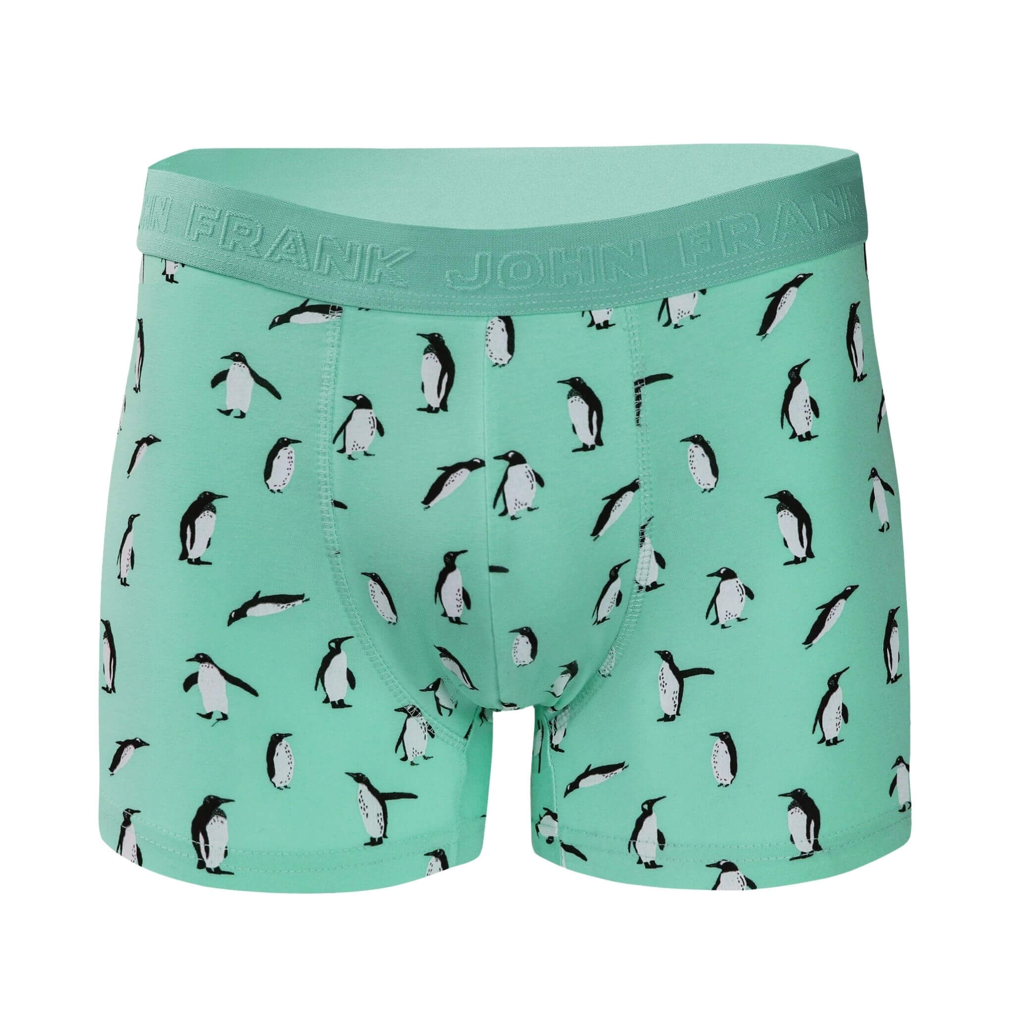 Front view of men’s 95% cotton boxer brief in turquoise with playful penguin print, soft stretch, and no-roll waistband