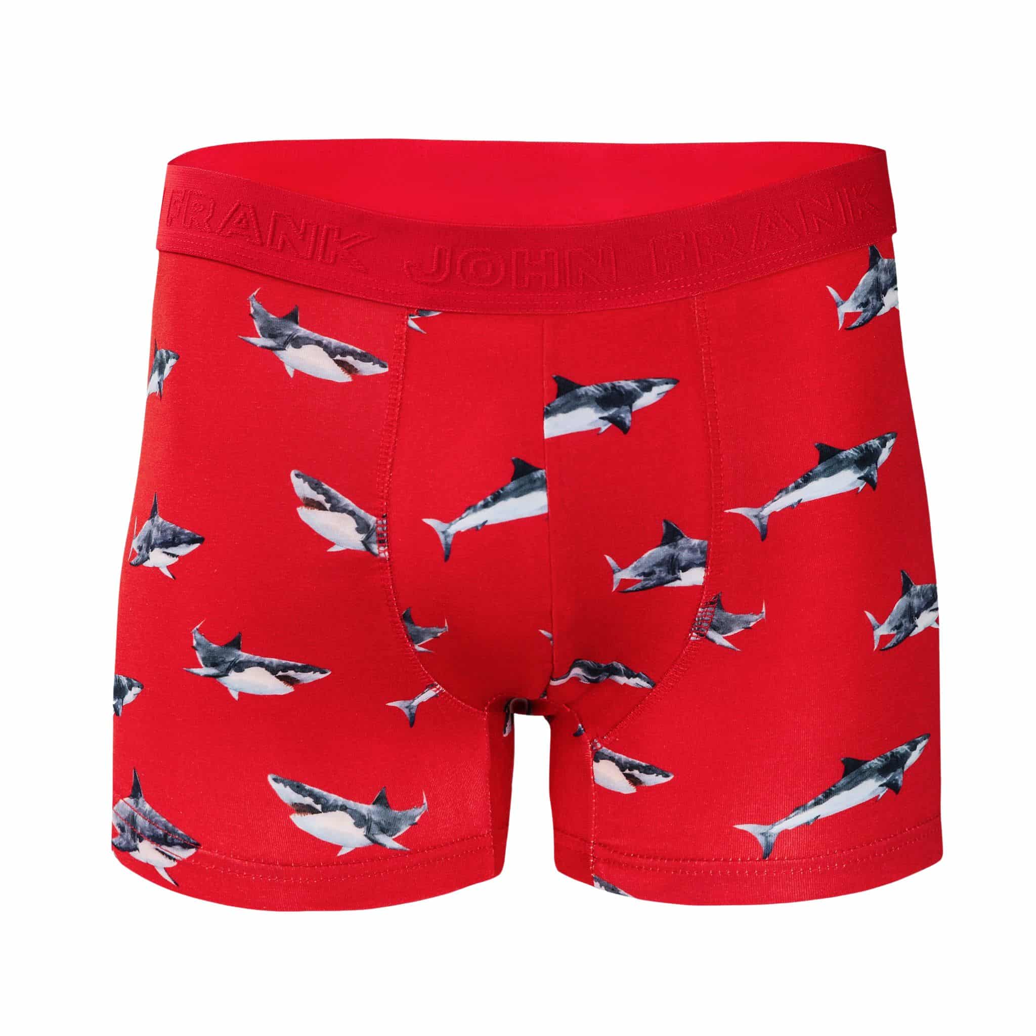 Front view of men’s 95% cotton boxer brief in coral with shark print, soft stretch, and no-roll waistband