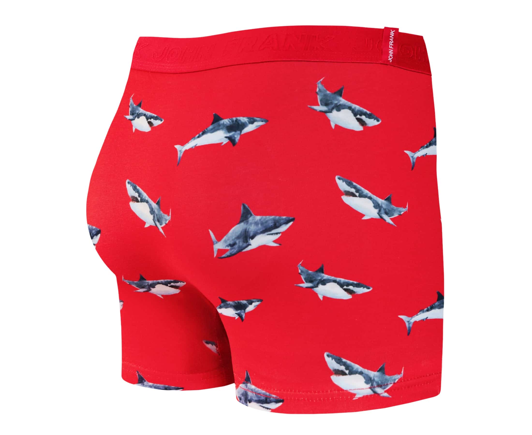 Back view of men’s 95% cotton boxer brief in coral with shark print, smooth waistband, and rear detail