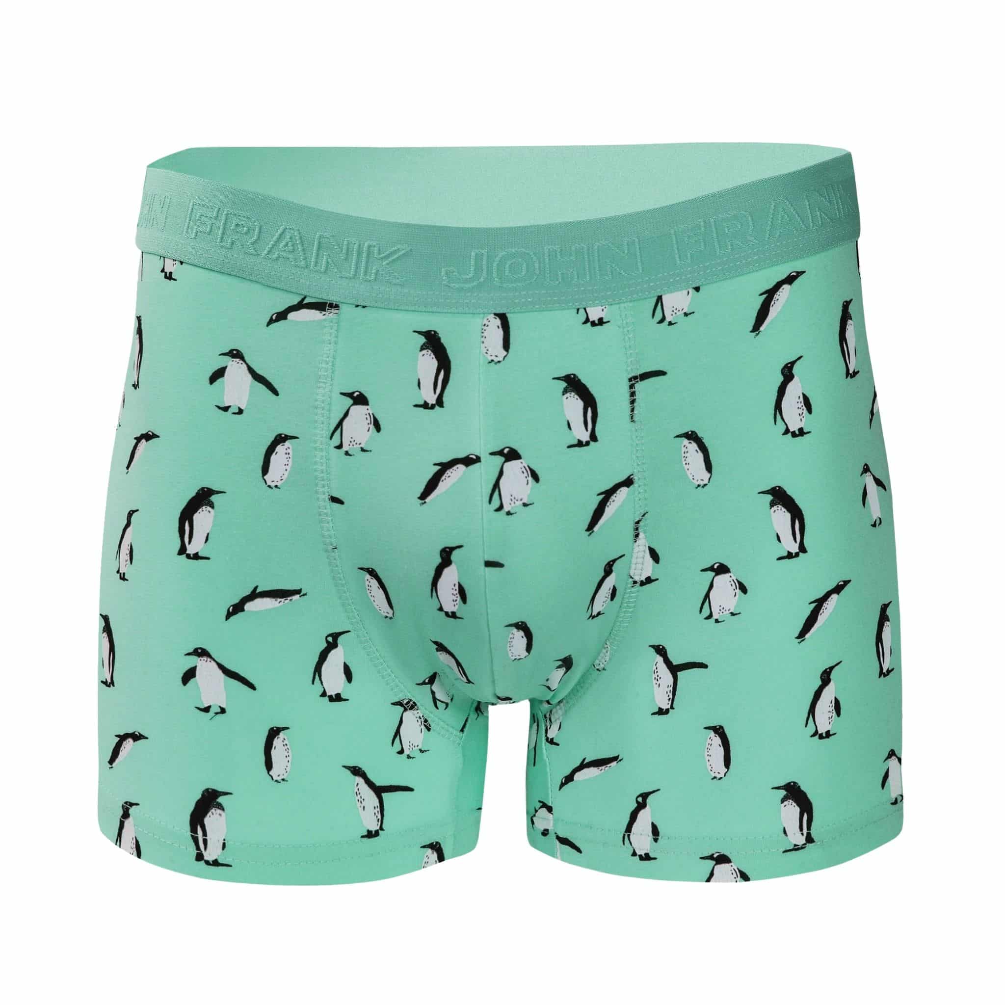 Front view of men’s 95% cotton boxer brief in turquoise with playful penguin print, soft stretch, and no-roll waistband