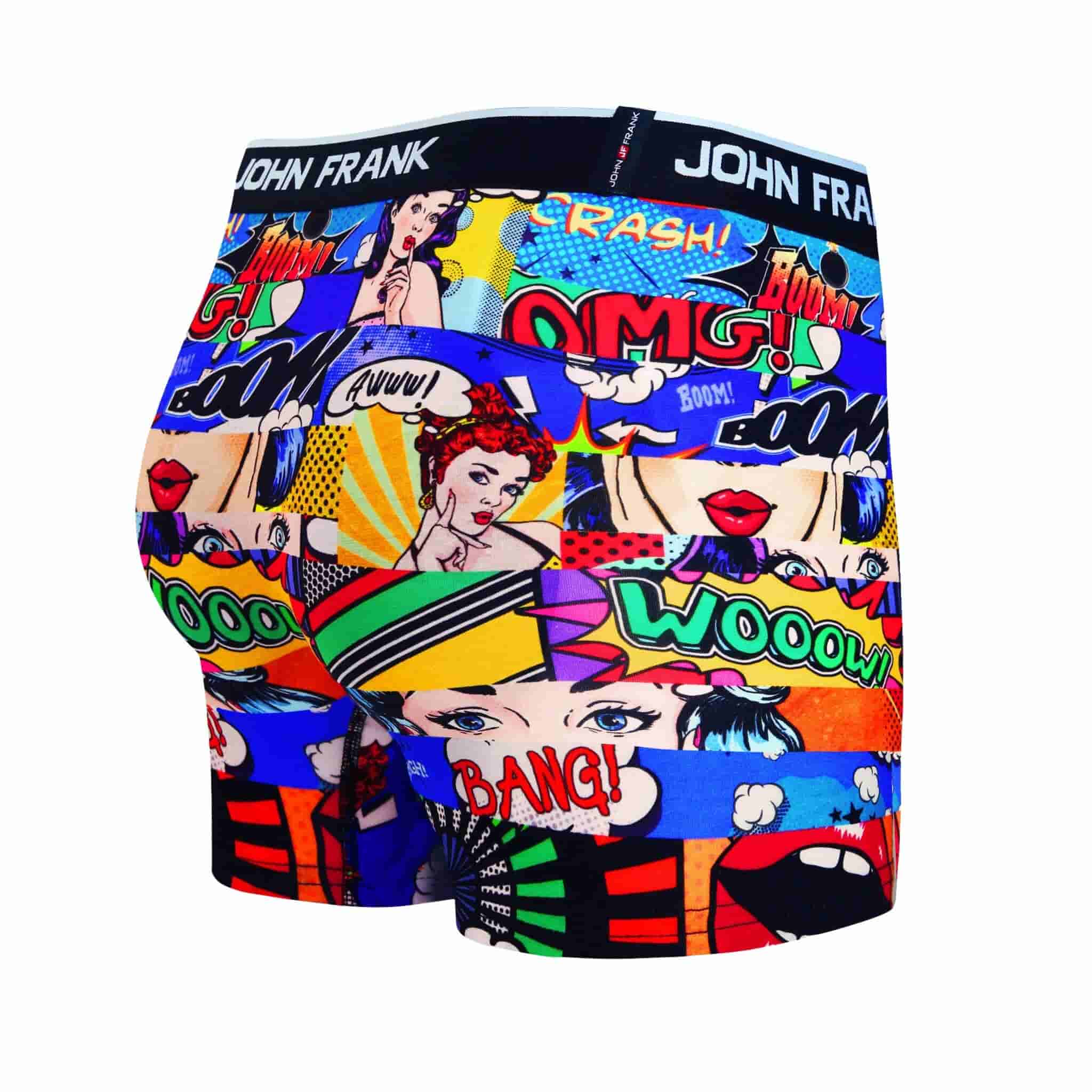 Back view of men’s 95% cotton boxer brief in multicolor pop art print with smooth waistband and rear detail