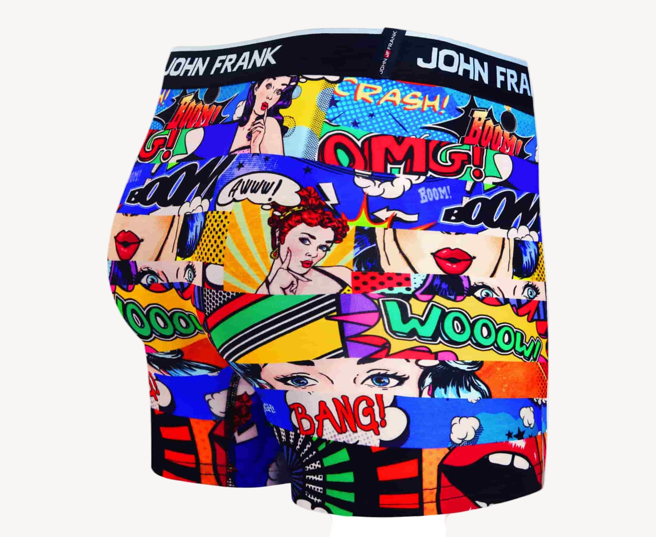 Back view of men’s 95% cotton boxer brief in multicolor pop art print with smooth waistband and rear detail