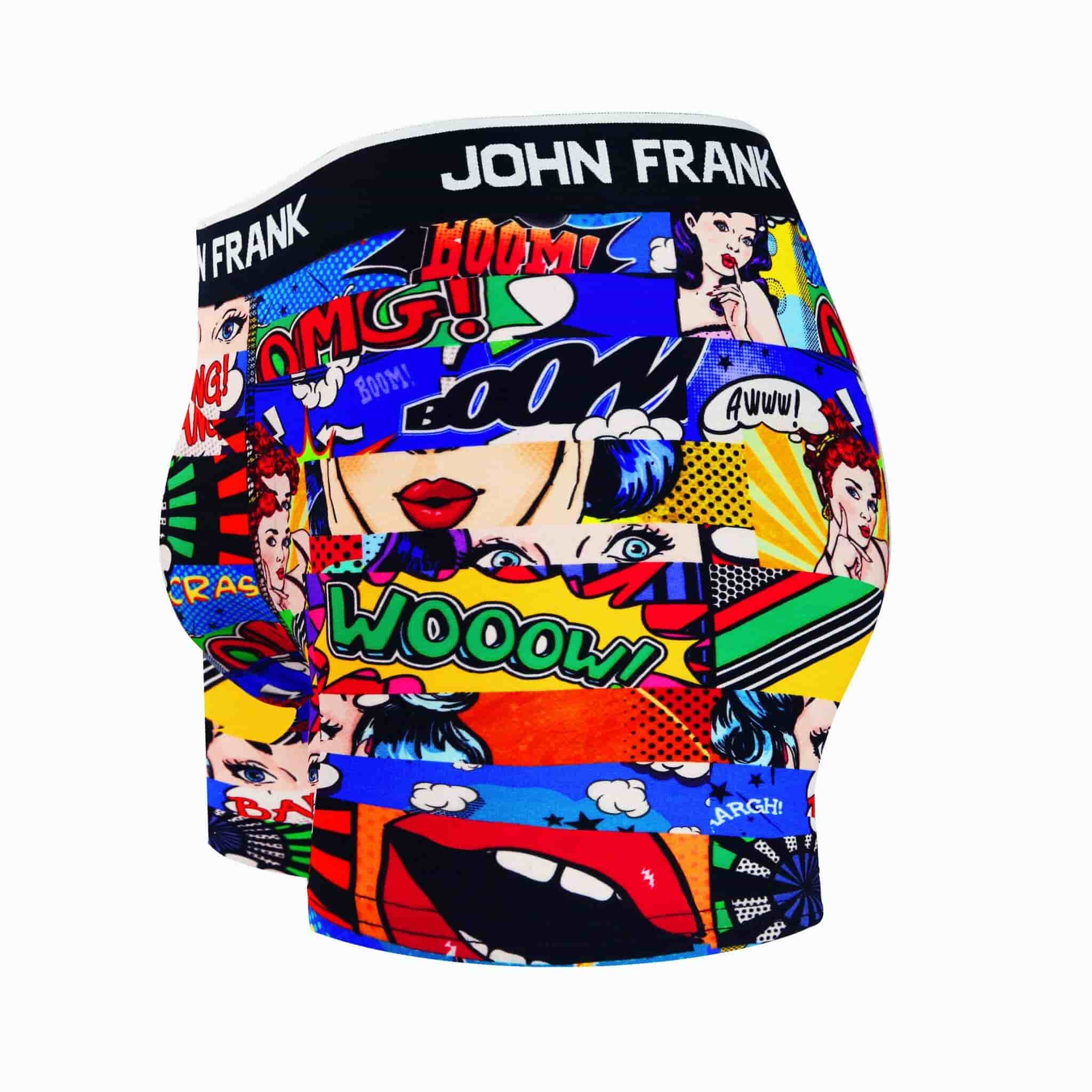 Side view of men’s 95% cotton boxer brief in multicolor pop art print with contoured pouch and tailored leg cut