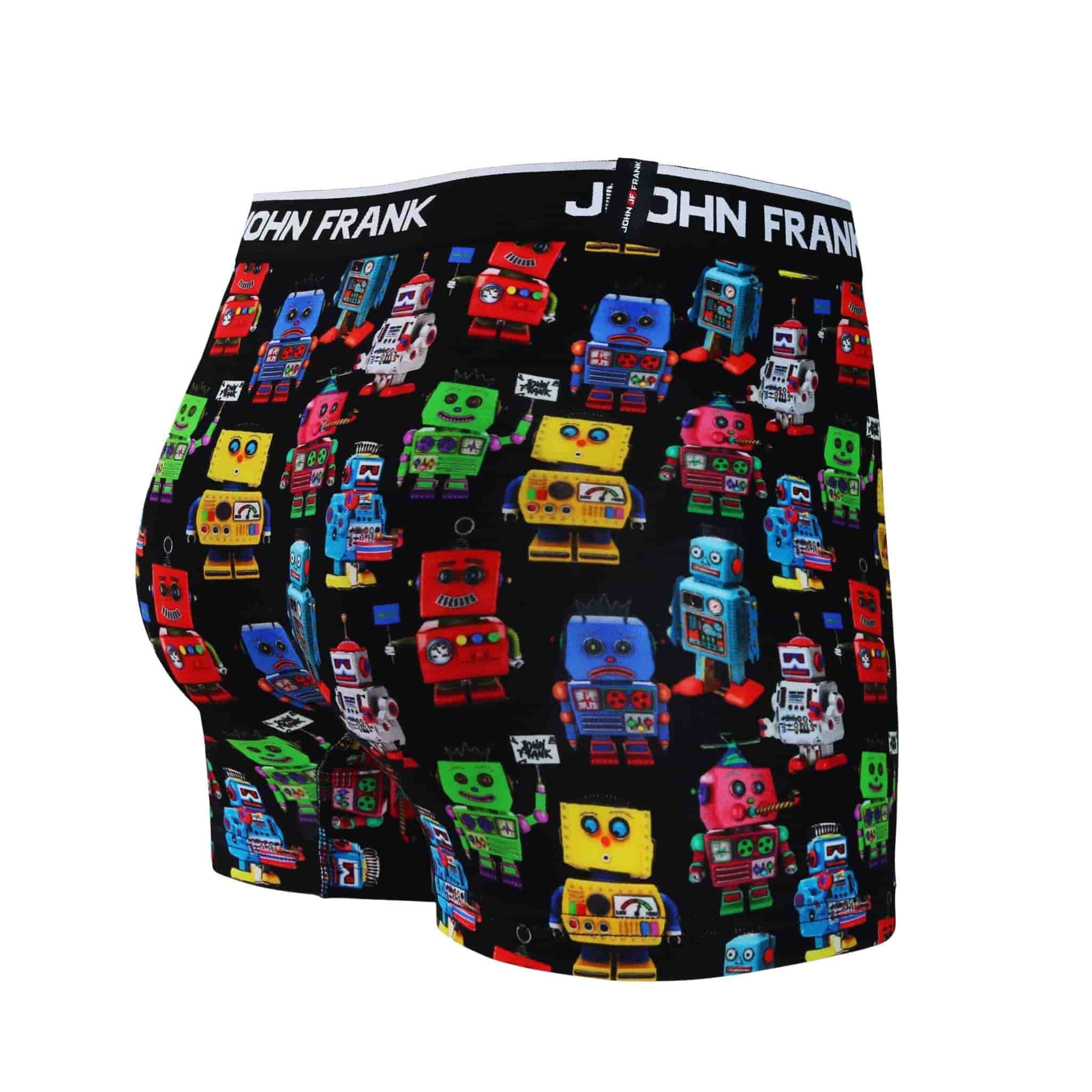 Back view of men’s 95% black cotton boxer brief in multicolor robots print with smooth waistband and rear detail