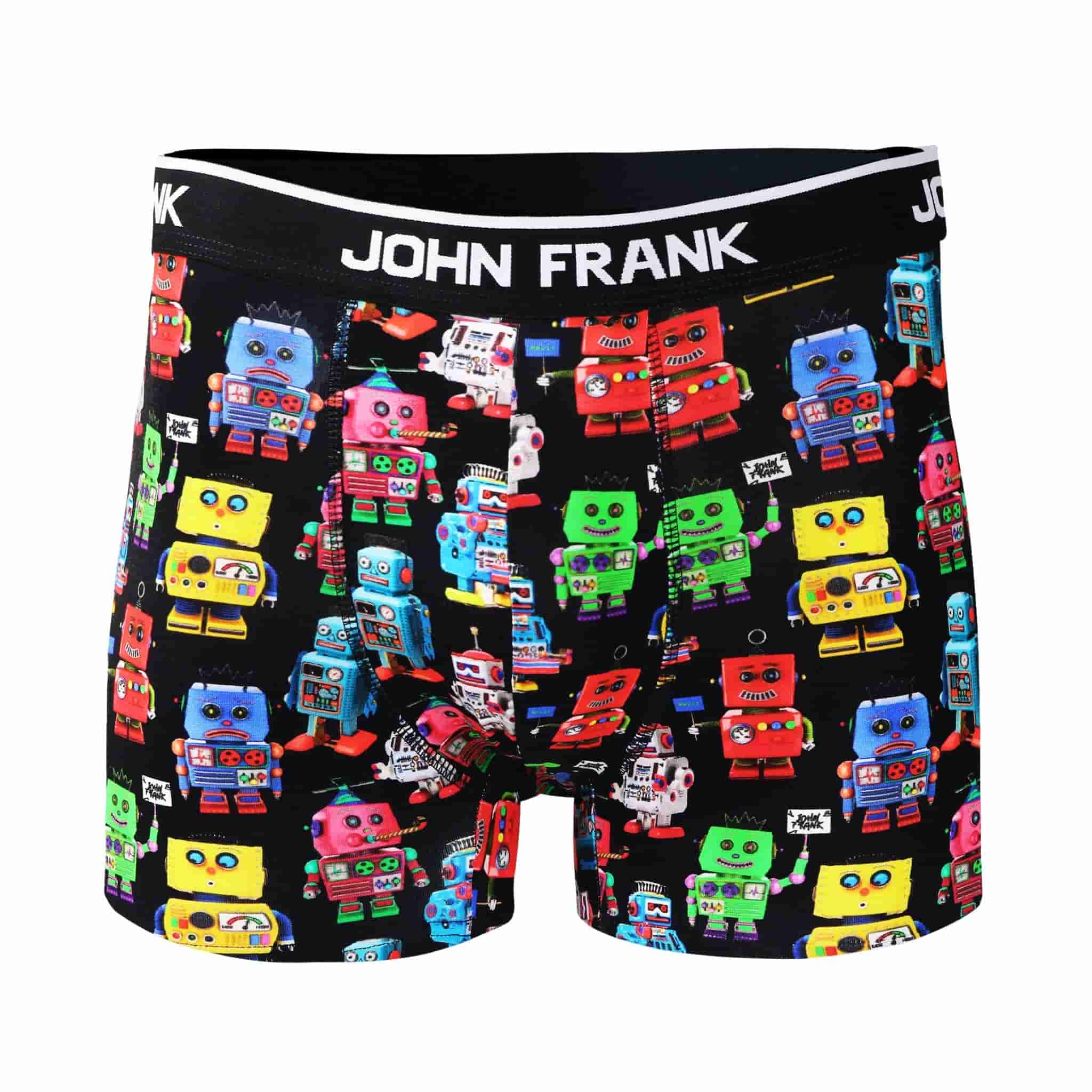 Front view of men’s 95% black cotton boxer brief in multicolor robots print with soft stretch and no-roll waistband
