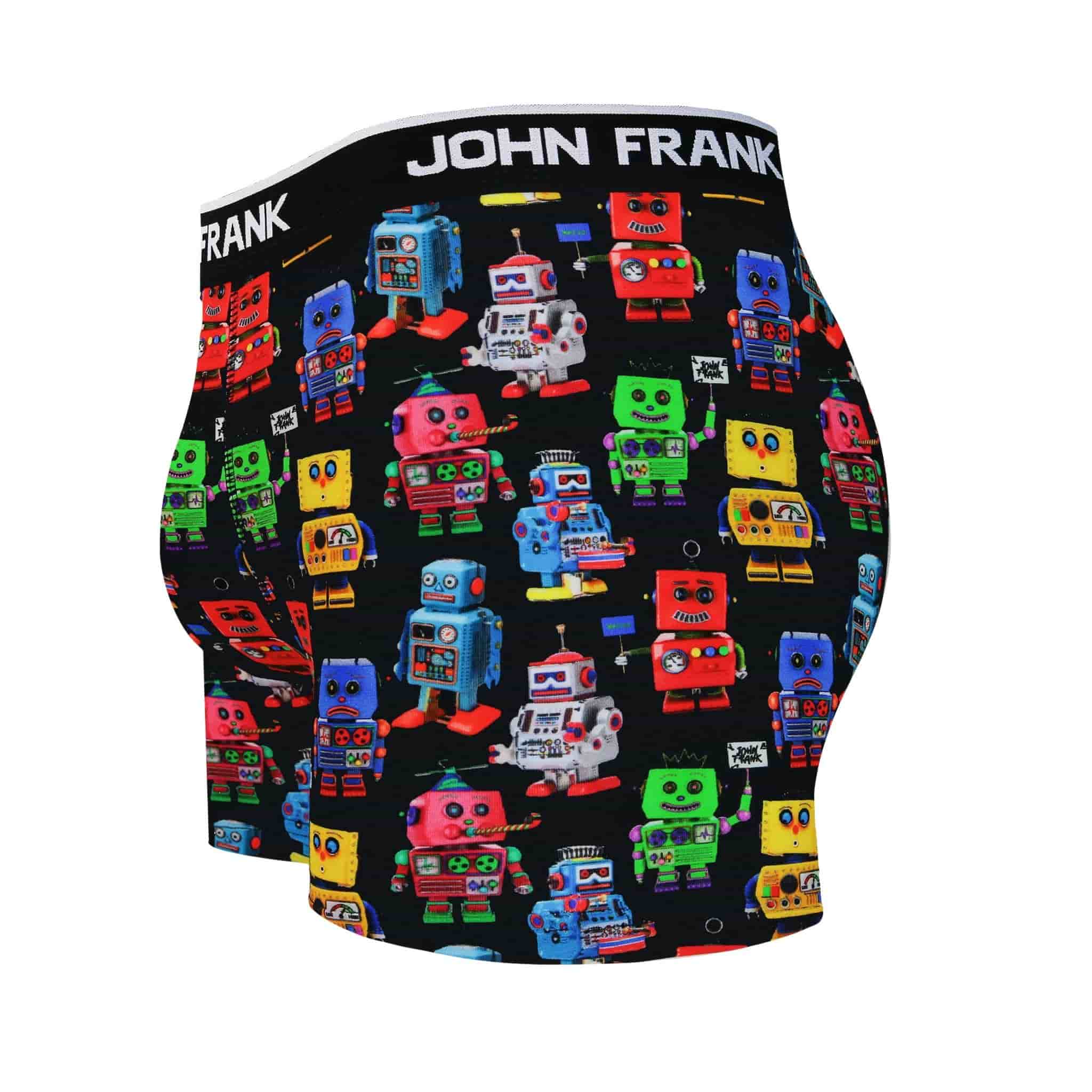 Side view of men’s 95% cotton black boxer brief in multicolor robots print with contoured pouch and tailored leg cut