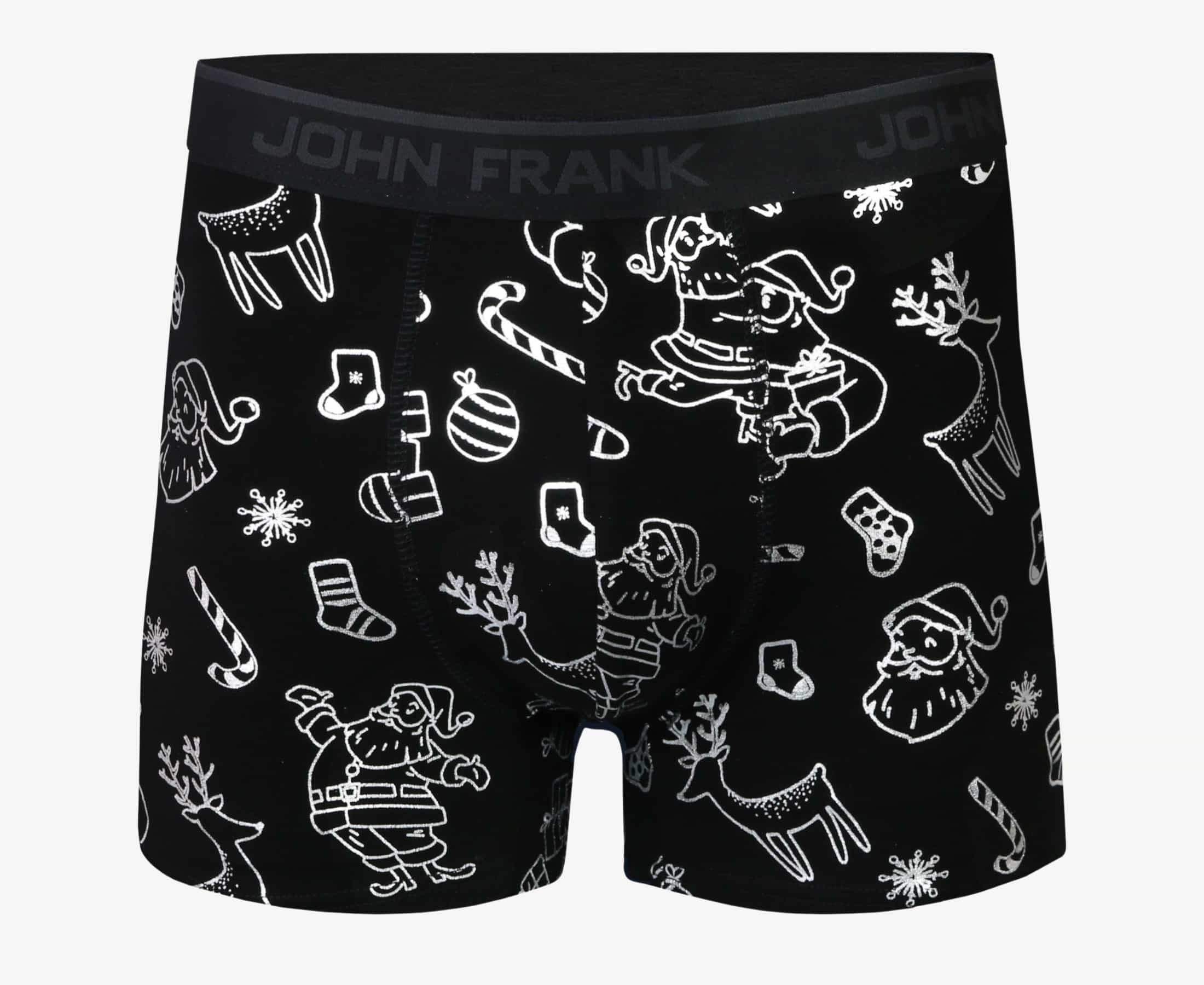 Front view of men’s 95% cotton boxer brief in black with shiny silver Christmas doodles print, soft stretch, and no-roll waistband