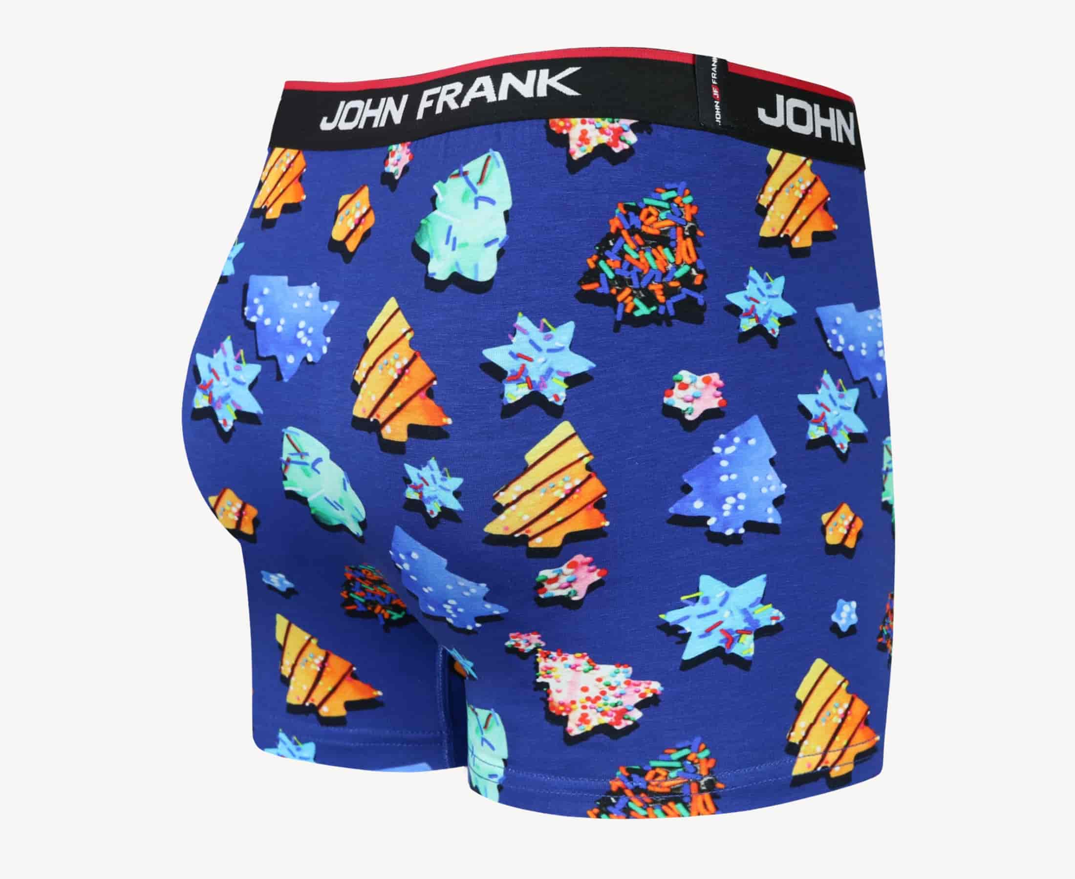 Back view of men’s 95% cotton boxer brief in royal blue with colorful sugar cookies print, smooth waistband, and rear detail