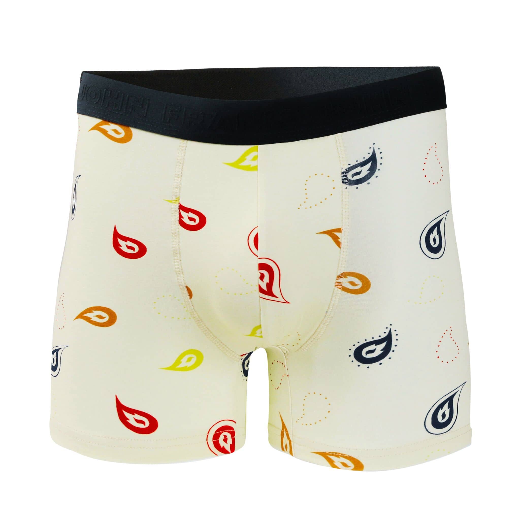 Front view of men’s 95% cotton boxer brief in cream with colorful paisley print, soft stretch, and no-roll waistband